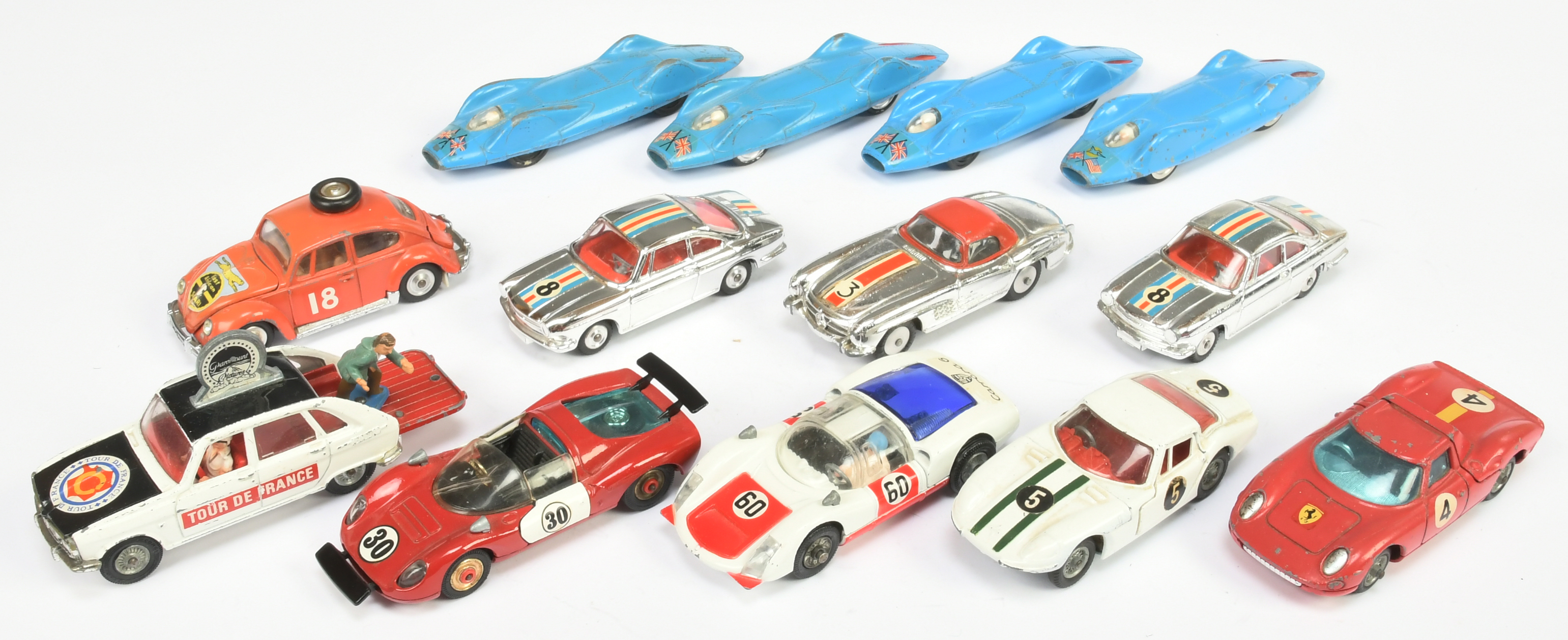 Corgi Toys Unboxed Group of Mainly Racing Cars To Include - Simca 1500 - Chrome plated, Porsche C...