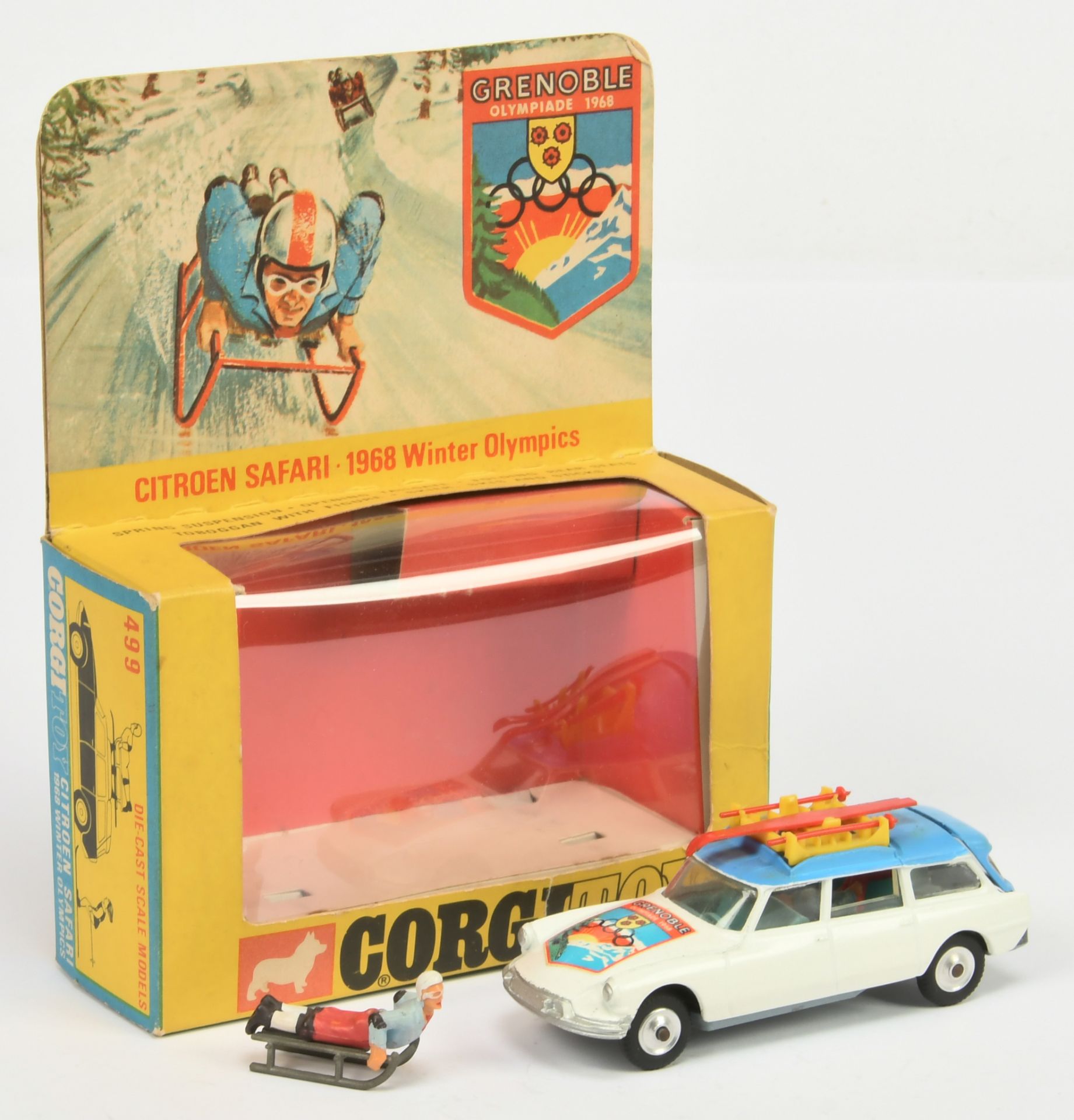 Corgi Toys 499 Citroen Safari " Grenoble 1968 Winter Olympics" - White, blue, pale blue interior,...