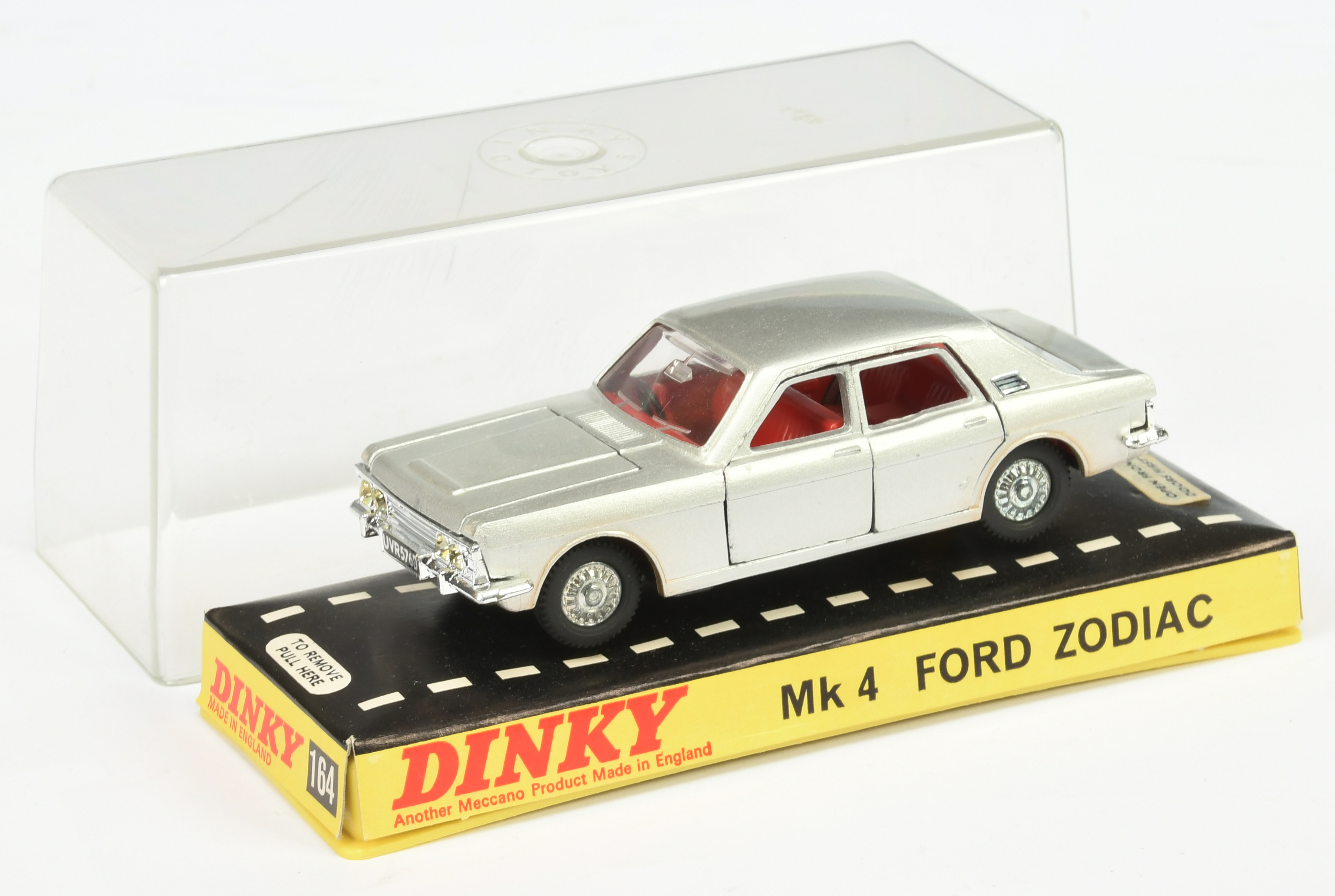 Dinky Toys 164 Ford Zodiac Mark 4 - Silver body, red interior, chrome trim and cast detailed hubs...