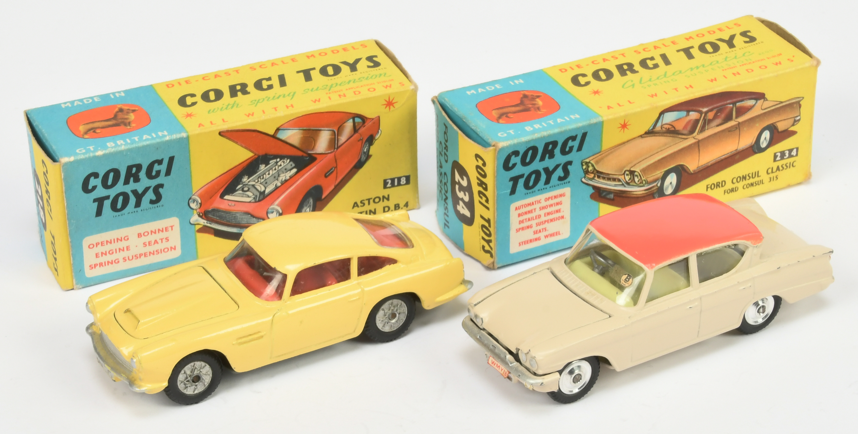 Corgi Toys 218 Aston Martin DB5 - Yelow body, red interior, silver trim, criss-cross cast hubs an...