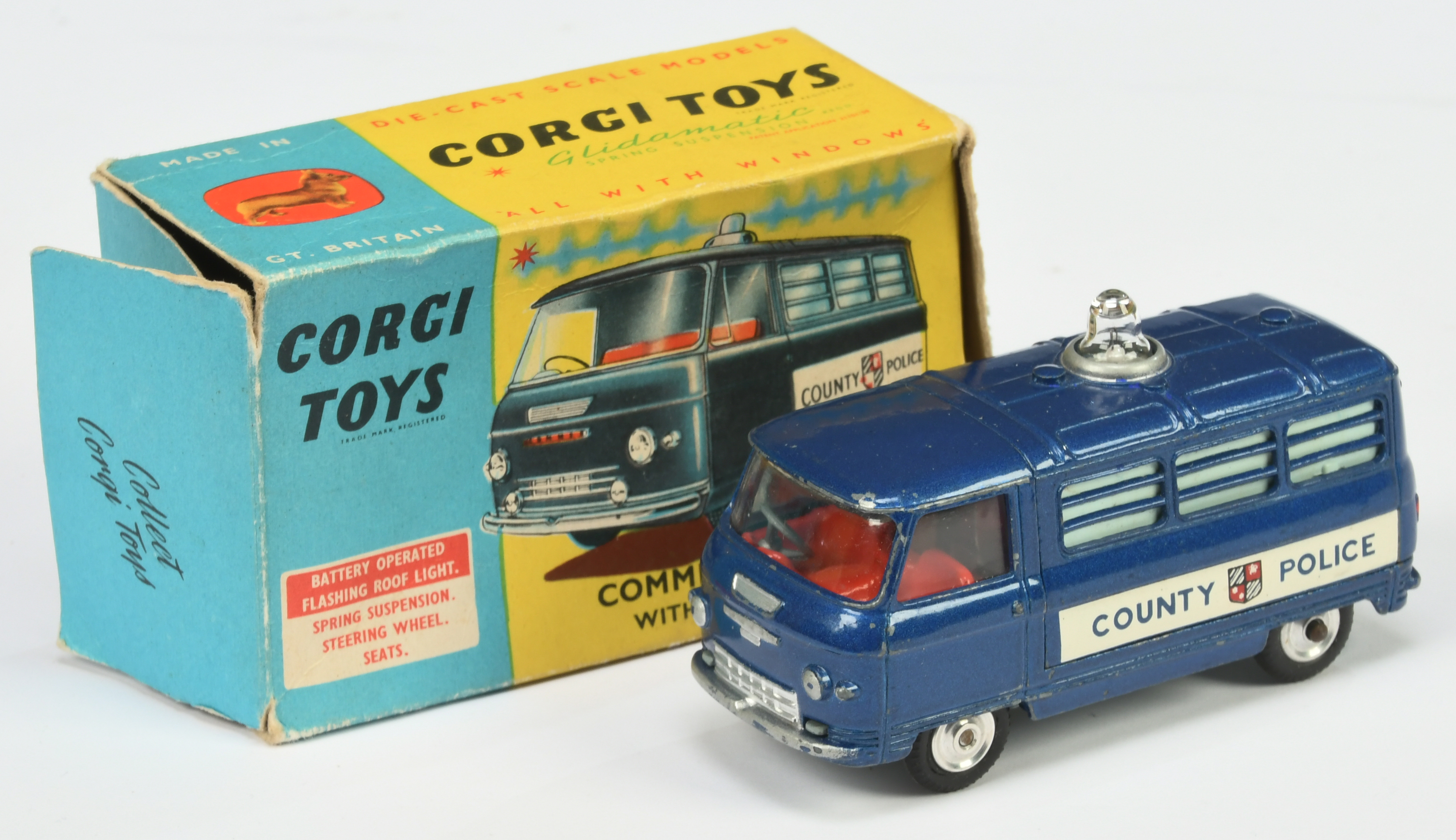 Corgi Toys 464 Commer "Police" Van - Metallic Blue body. red interior, clear battery operated roo...