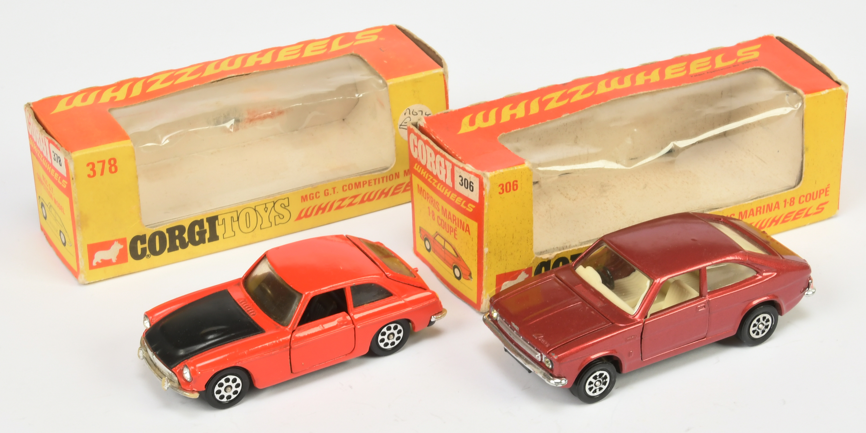 Corgi Toys Whizzwheels A Pair - (1) 306 Morris Marina 1.8 Coupe - Metallic reddish-Maroon, ivory ...