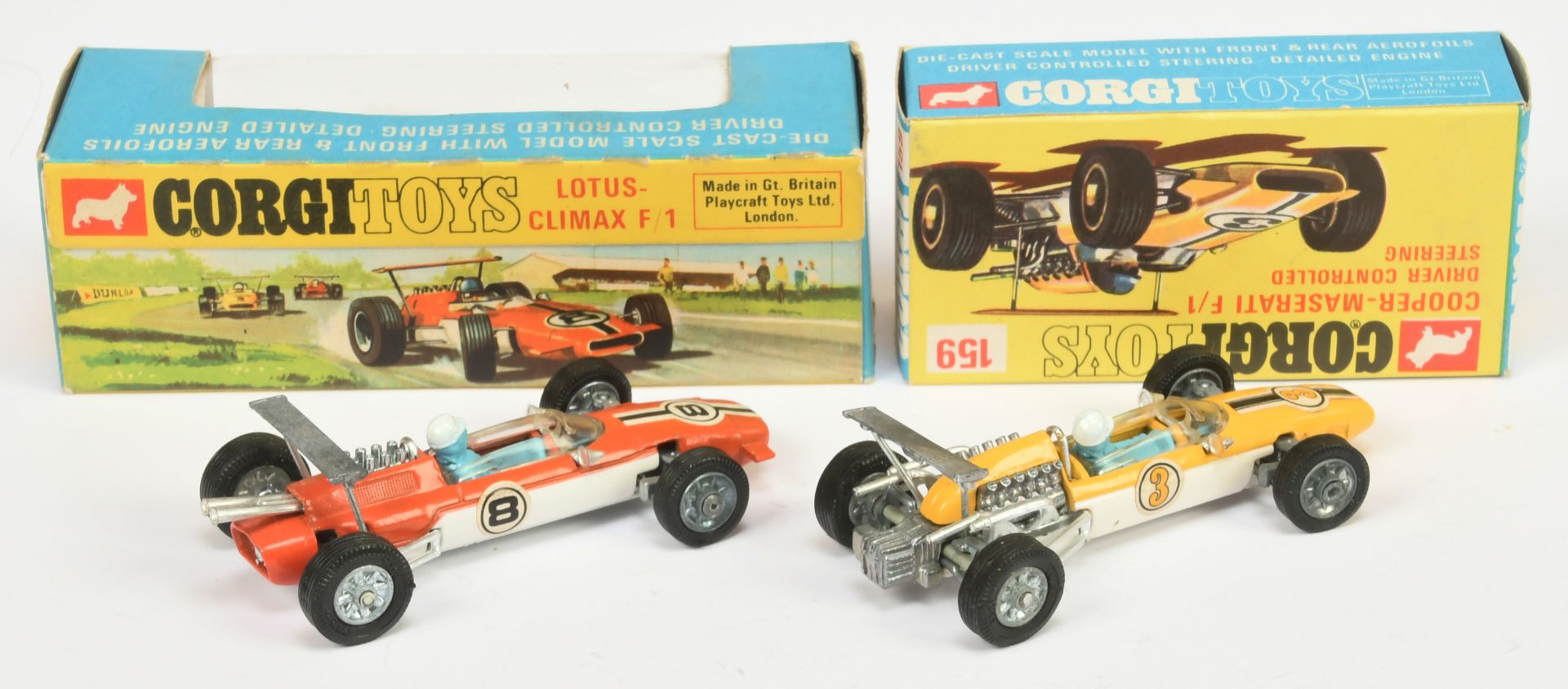 Corgi Toys Formula 1 Racing Cars Group A Pair - (1) 158 Lotus-Climax - Orange and white, cast hub... - Image 2 of 2
