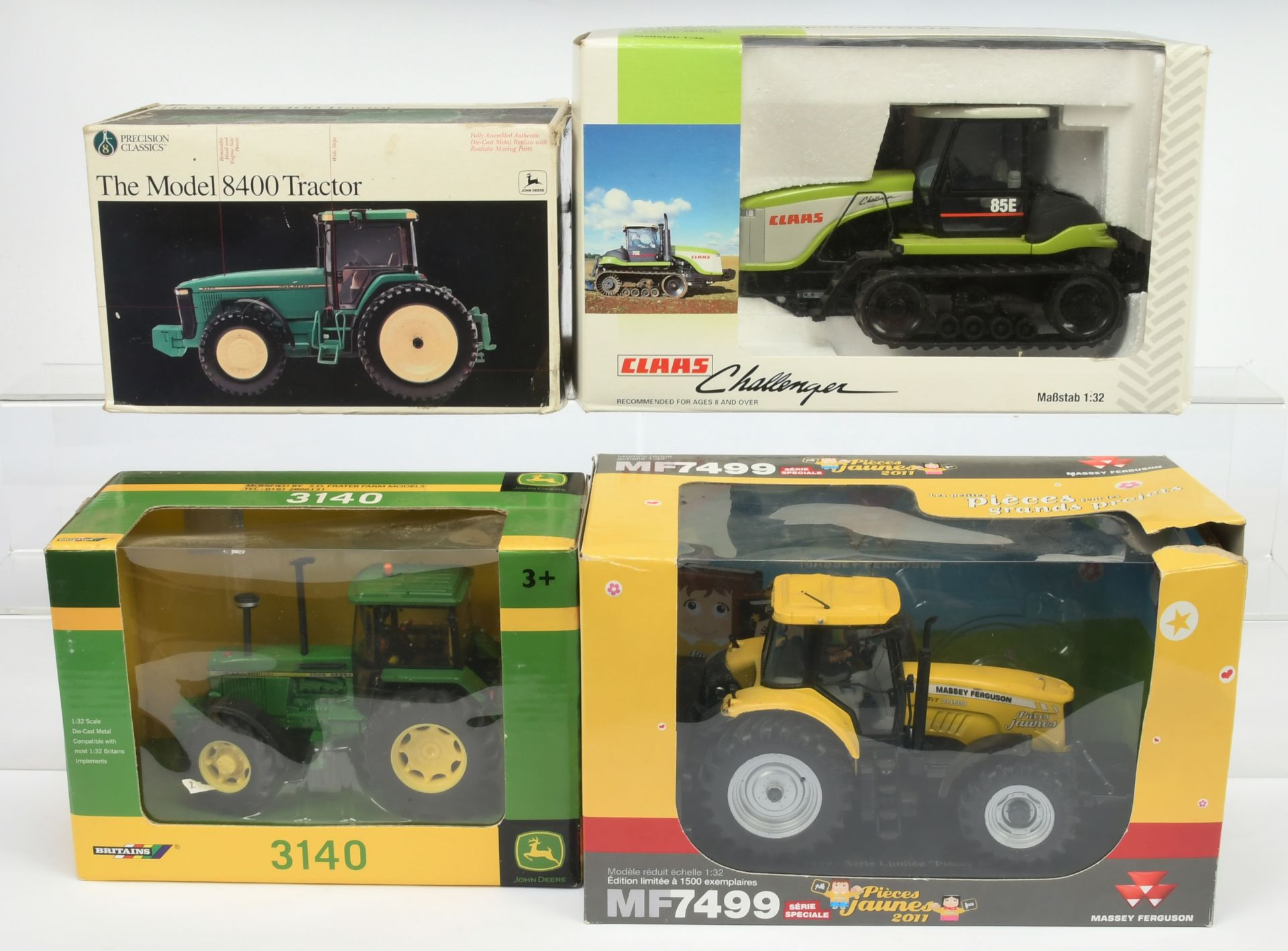 Group Of 4 (1/32nd) Tractors - (1) Universal Hobbies  MF7499 - yellow and grey, (2) Norscot Claas...