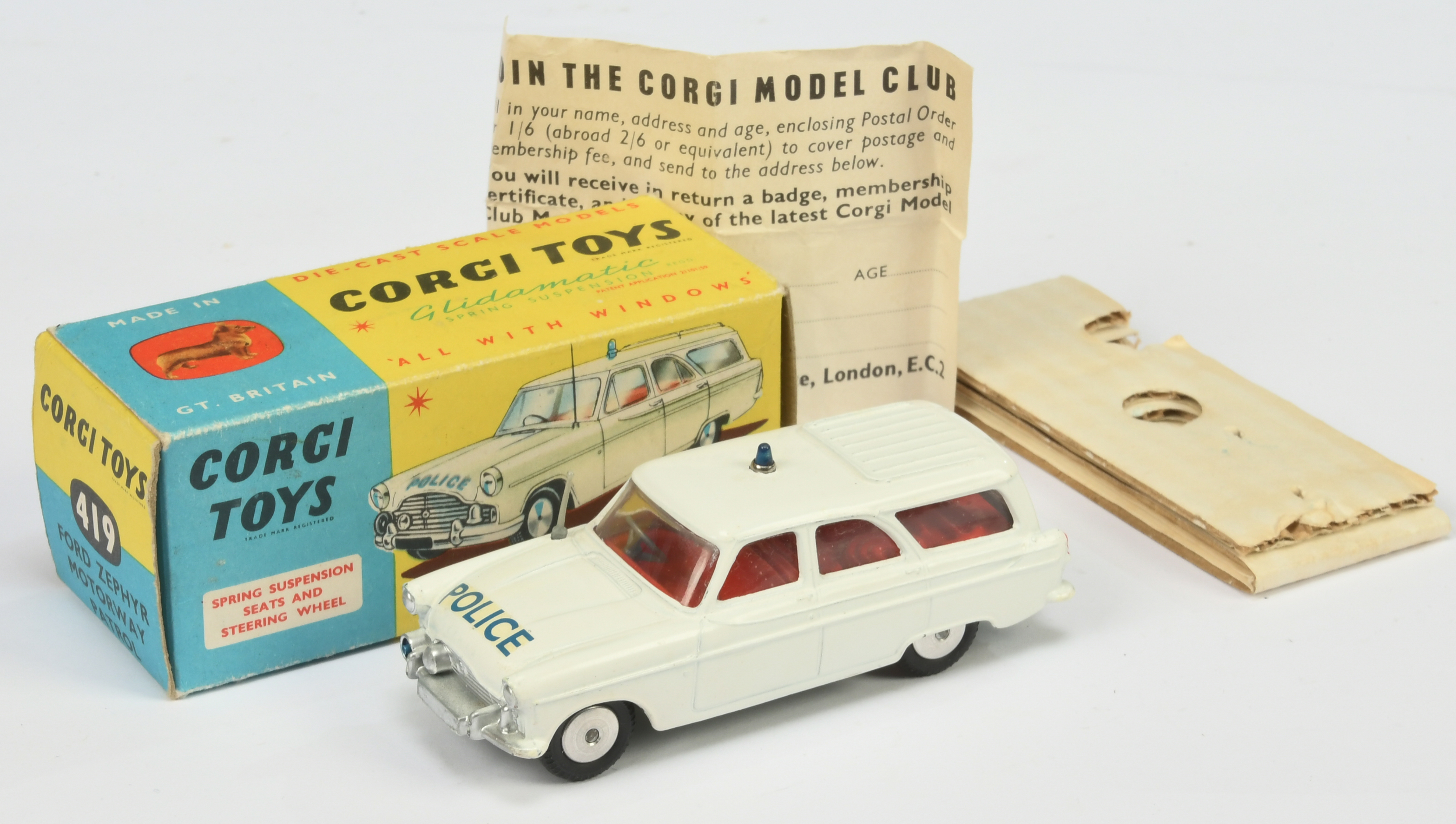 Corgi Toys 419 Ford Zephyr "Police" Motorway Patrol Car - White  body, red interior, aerial, smal...