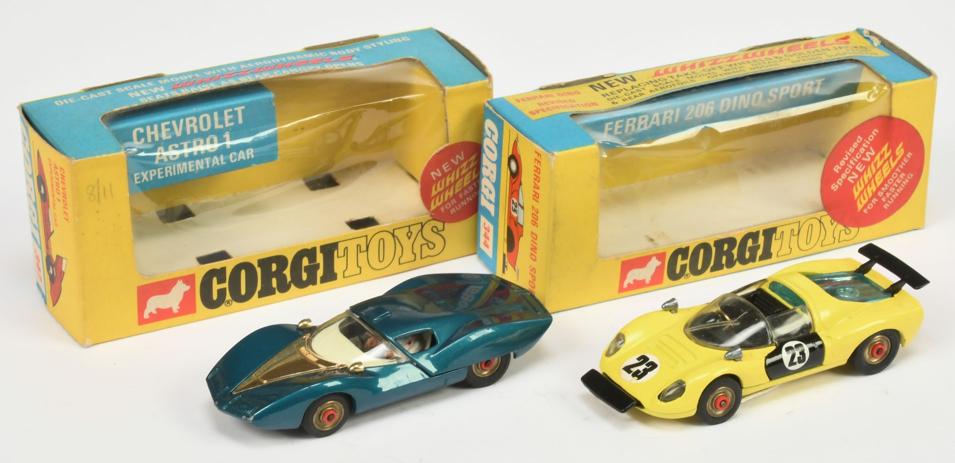 Corgi Toys Whizzwheels 344 Ferrari 206 Dino Sport - Yellow body, black doors and interior, racing...