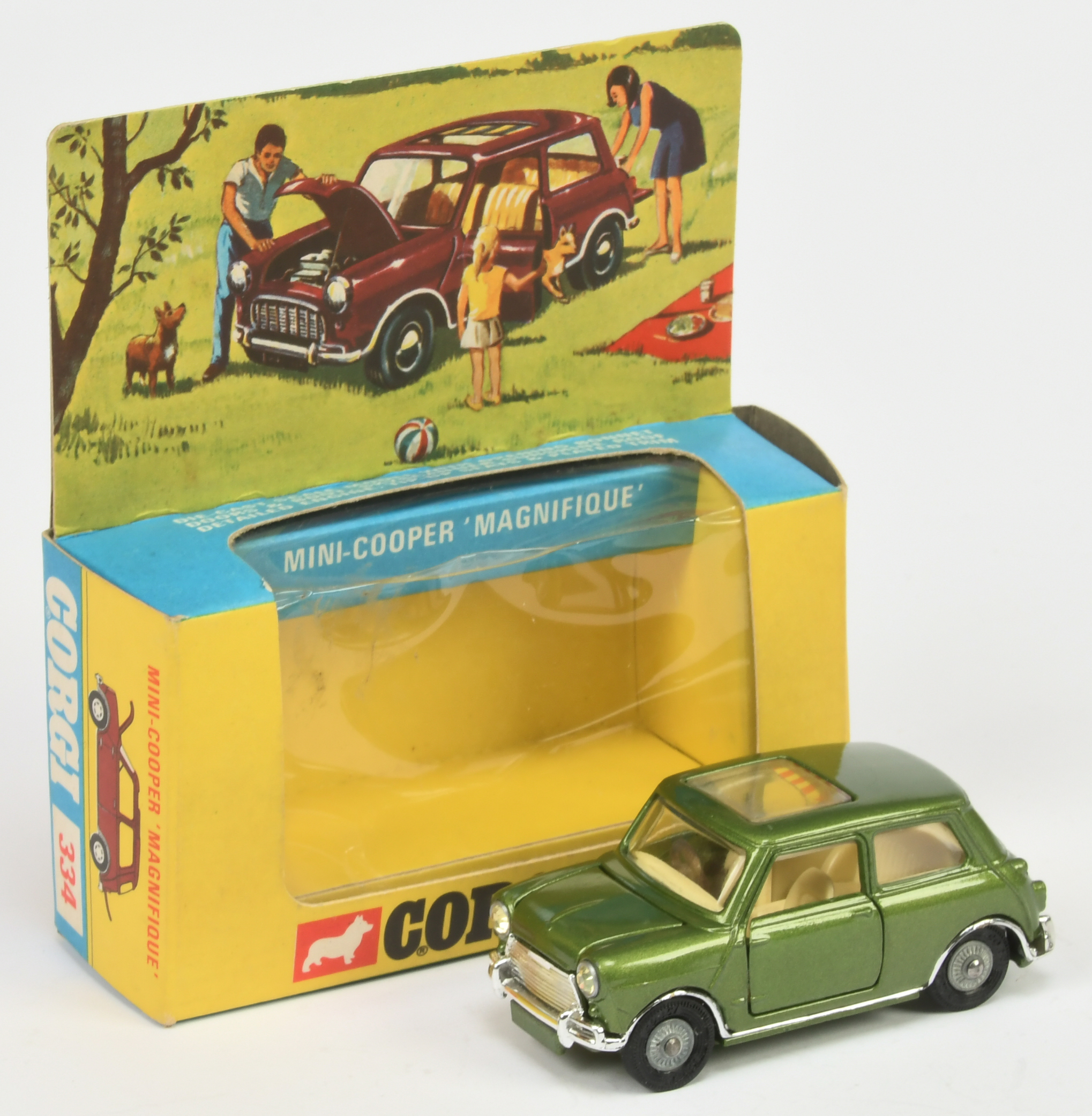 Corgi Toys 334 BMC Mini Cooper S "Magnifique" - Green body, cream interior, chrome trim, with wor...