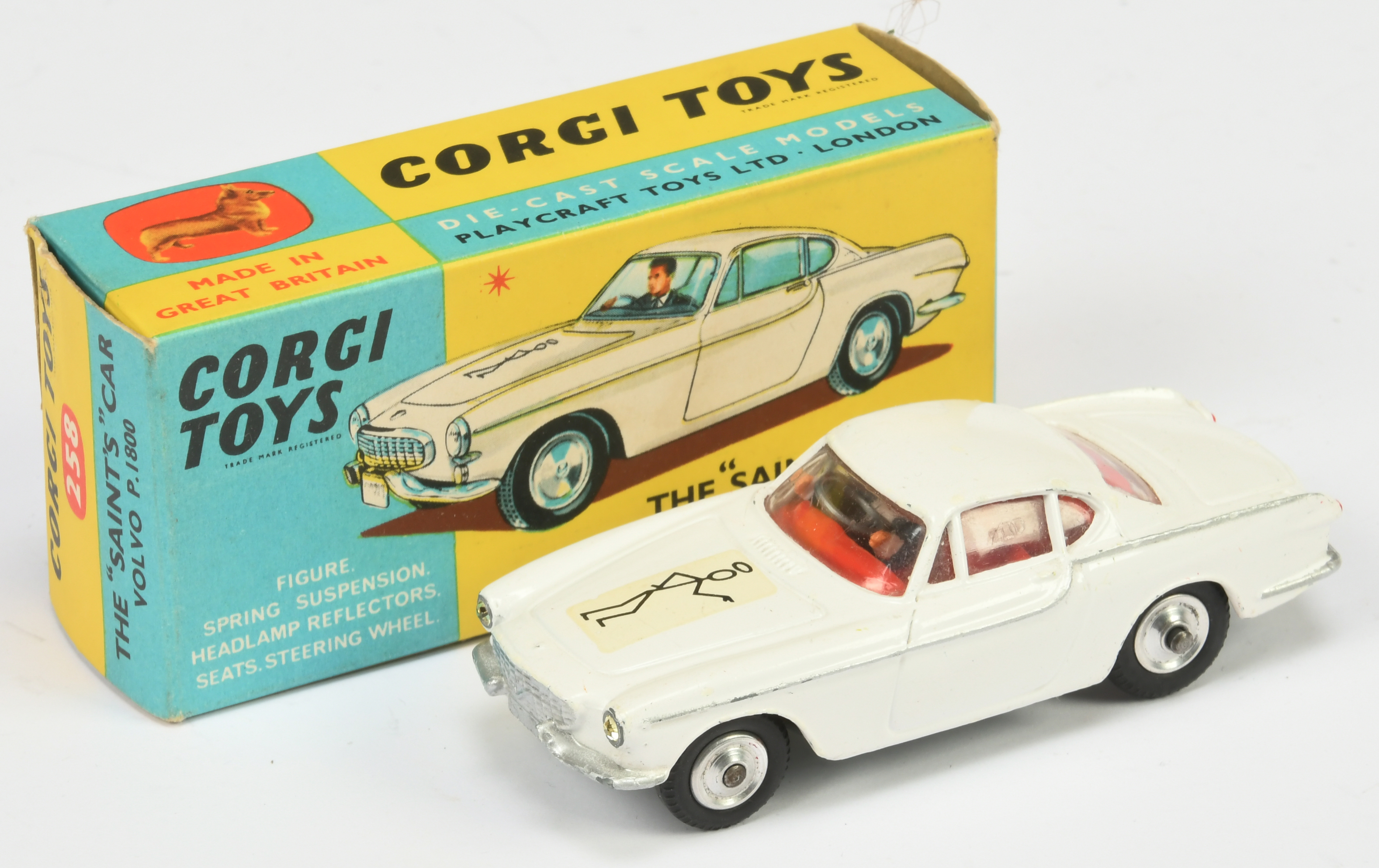 Corgi Toys 258 "The Saint" Volvo P1800 - White body, red interior with figure, silver trim, spun ...