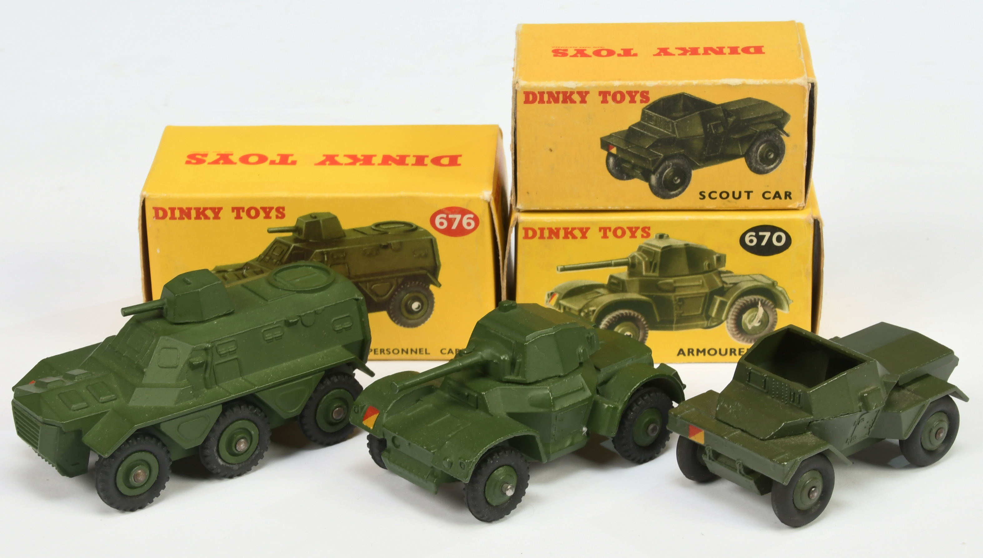 Dinky Toys Military Group Of 3 - (1) 670 Armoured Car, (2) 673 Scout Car and (3) 676 Armoured Per...