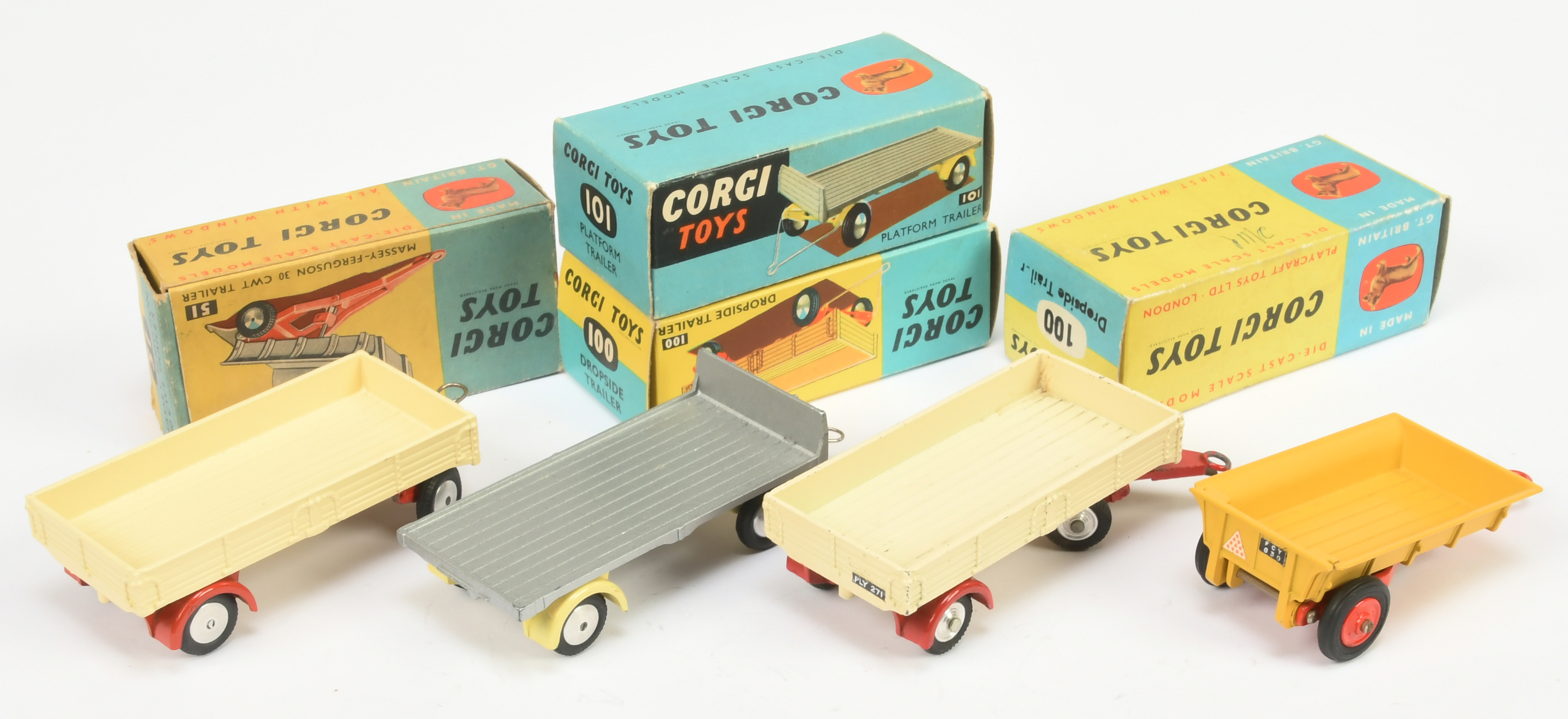 Corgi Toys Group Of Trailers - (1) 51 Massey Ferguson - Yellow and Red, (2) 100 Dropside - Cream ... - Image 2 of 2