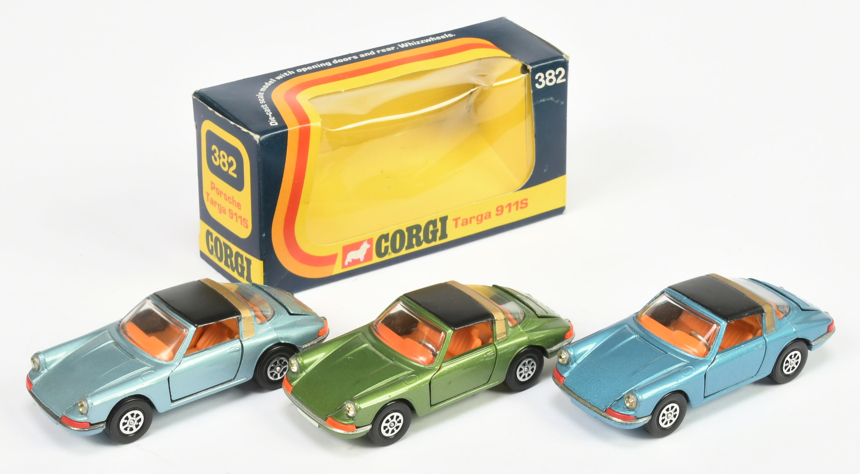 Corgi Toys 382 Porsche 911 Targa Group Of 3 - (1) green body, black roof panel gold roof band and...