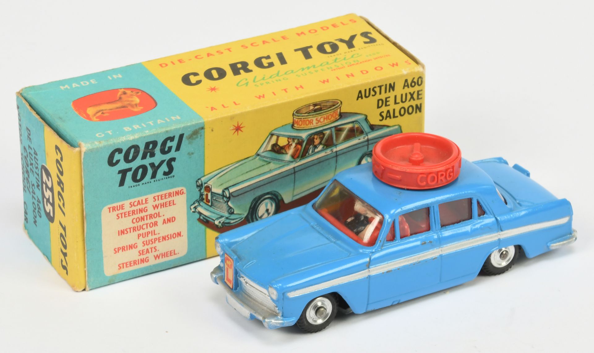 Corgi Toys  255 Austin A60 De-Luxe Saloon "Motor School" Car EXPORT ISSUE - Blue body, silver tri...