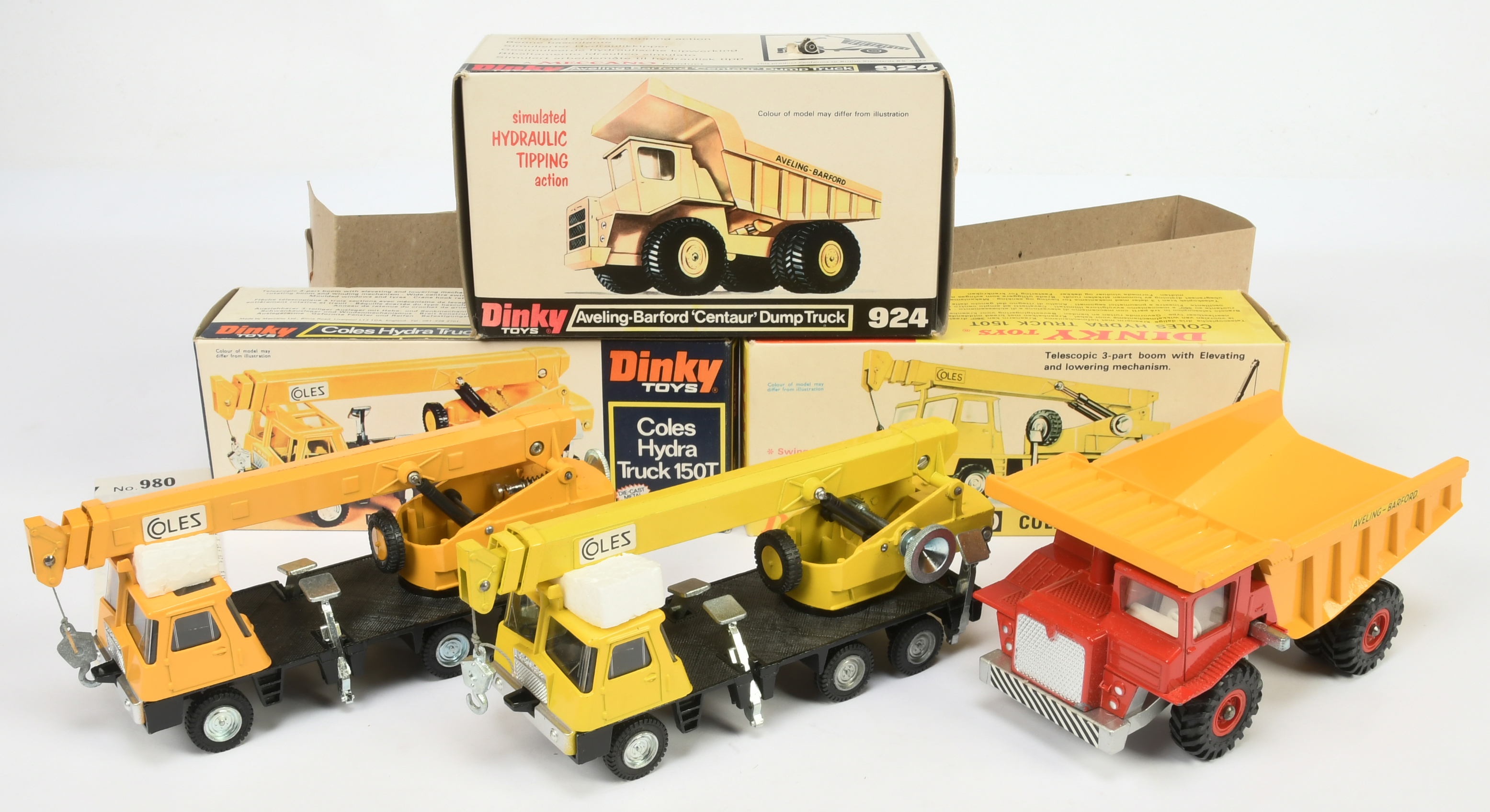 Dink Toys Group of 3 - (10 924 Aveling-Barford Centaur Dumper - Red including hubs with Deep Yell...