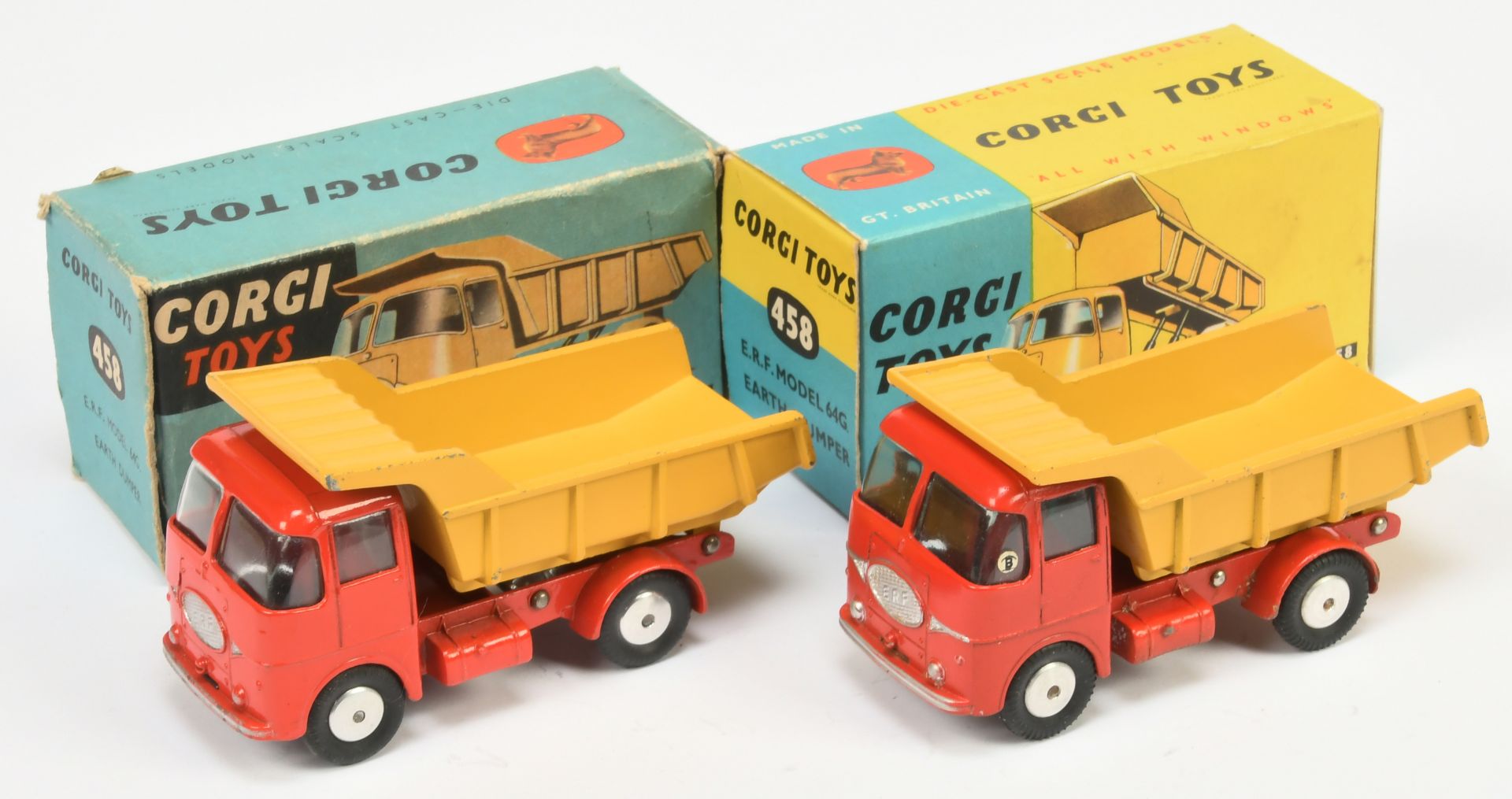 Corgi Toys 458 ERF Earth Dumper A Pair - (1) Red cab and chassis, yellow tipper, silver trim, fla...
