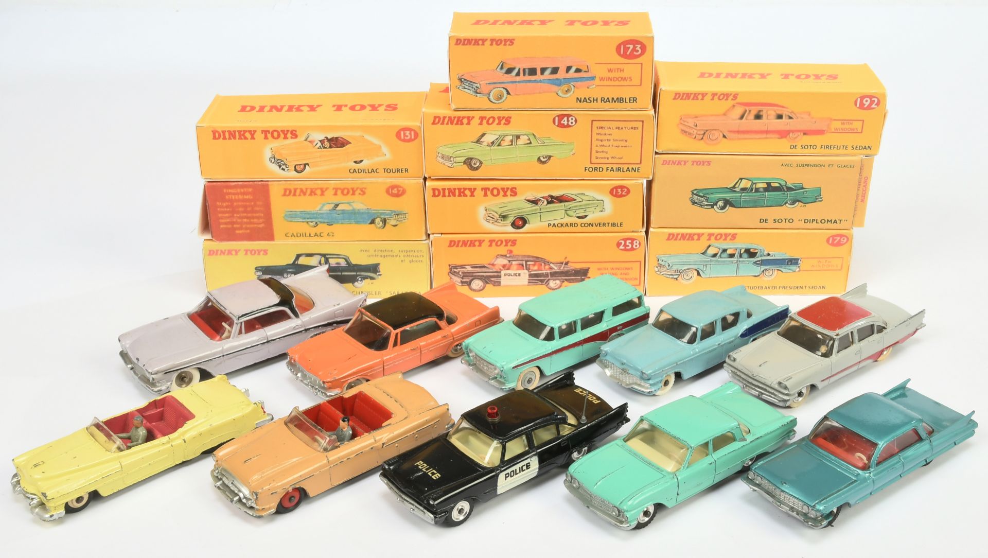 Dinky Toys Group To Include - 173 Nash Rambler, 258 "police" De-Soto Firelite, 147 Cadillac plus ...