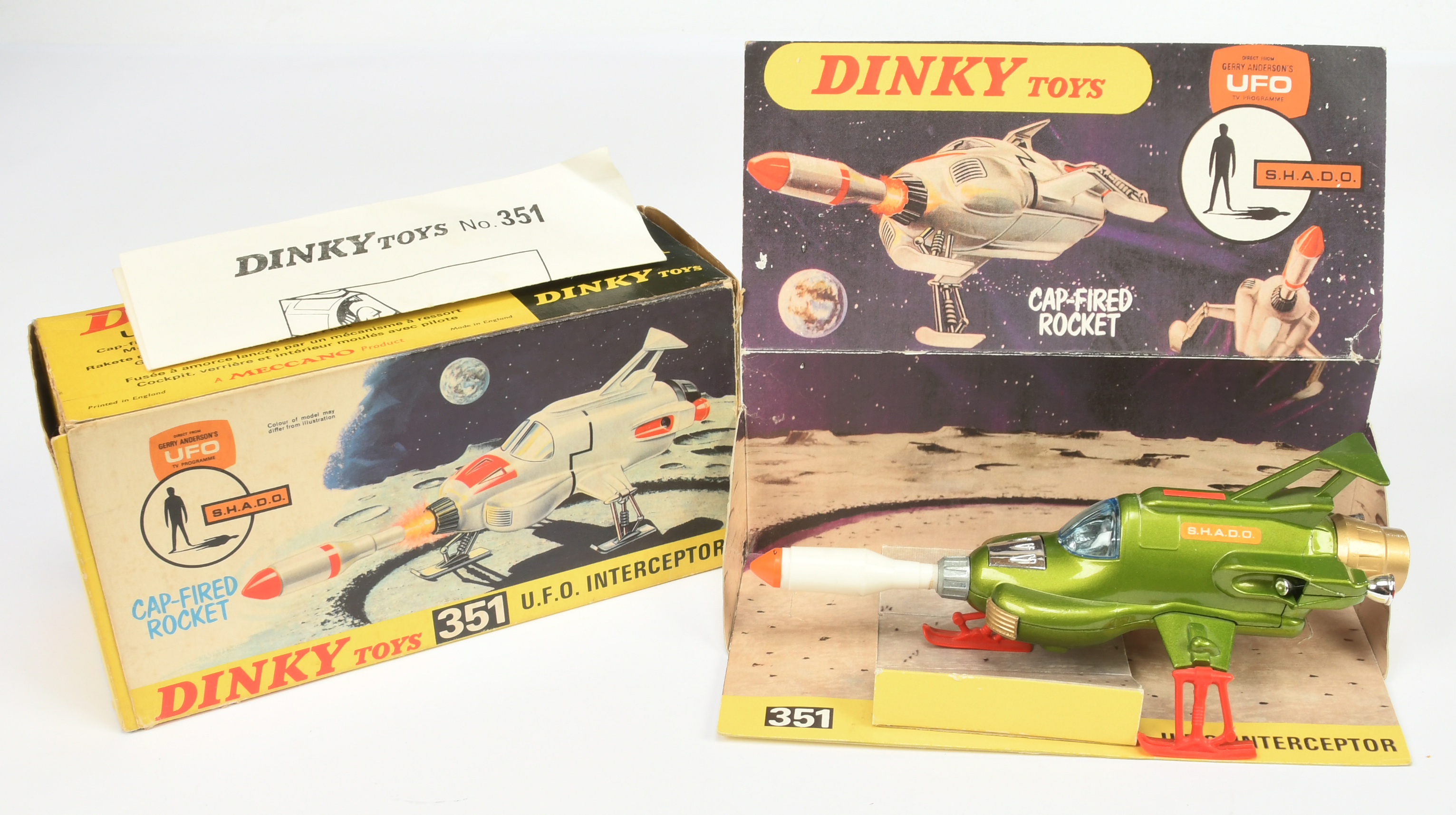 Dinky Toys 351 "UFO" Shado Interceptor - Green, chrome interior with blue tinted window, red legs...