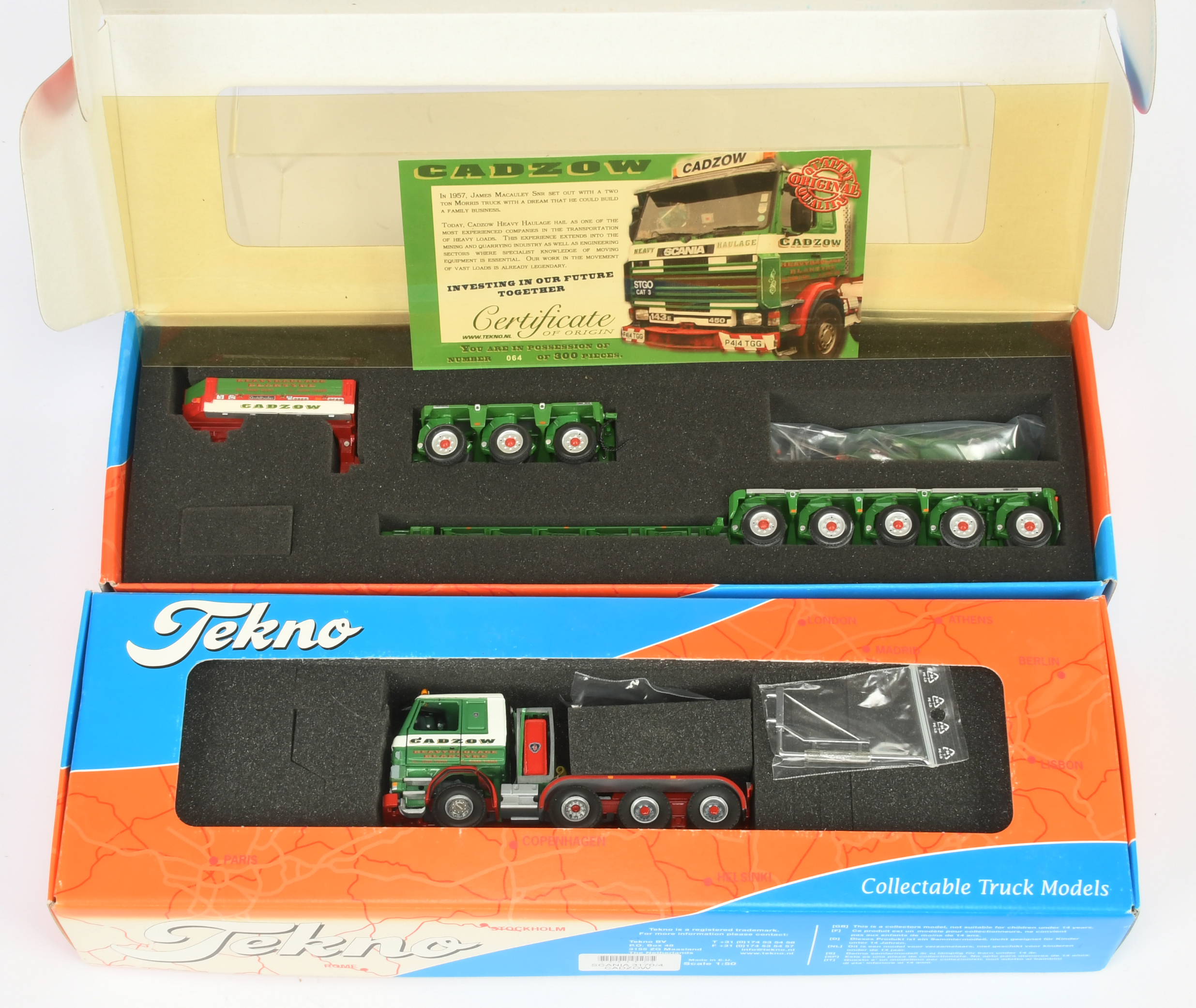 Tekno (1/50th) Scania Truck and trailer "Cadzow" - Green, white and red - Good to Good (some slig...