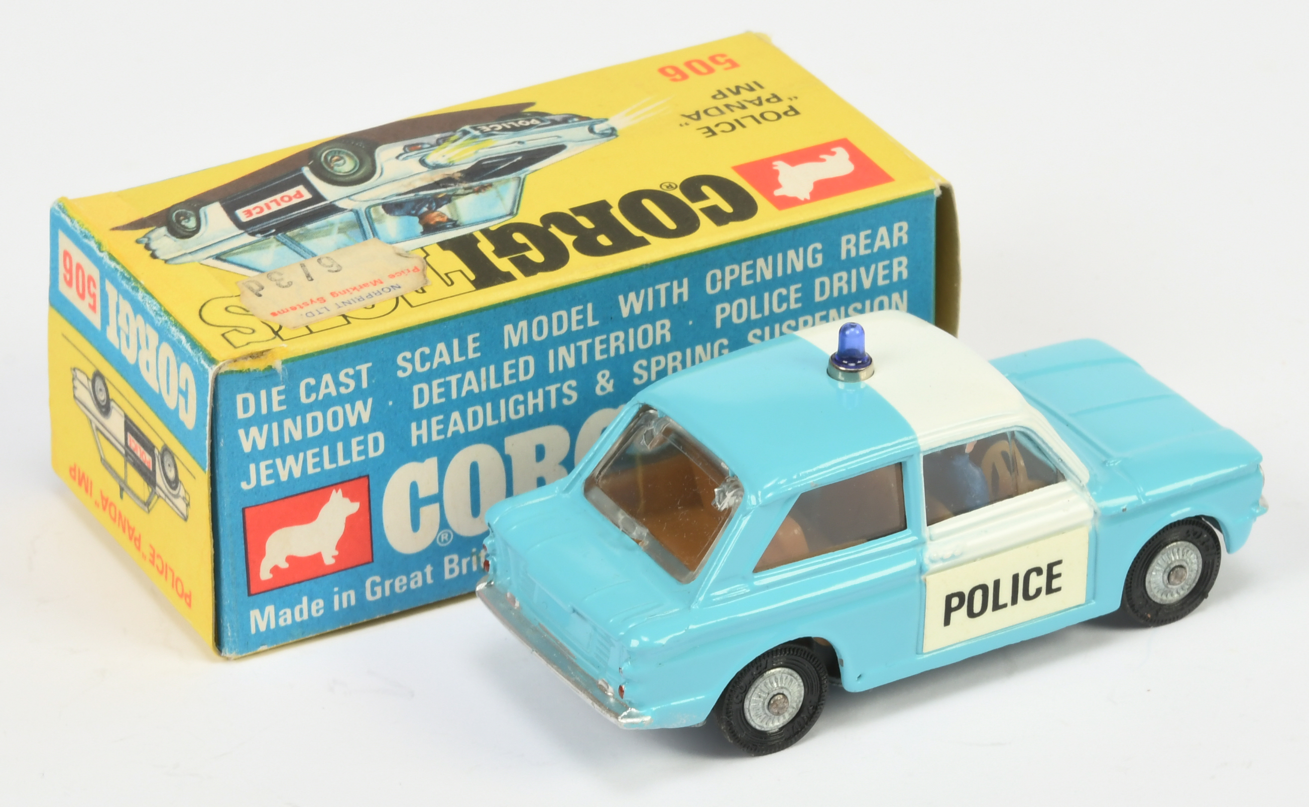 Corgi Toys 506 Sunbeam Imp "Police" Car - Light blue body with white roof band and doors, brown i... - Image 2 of 2