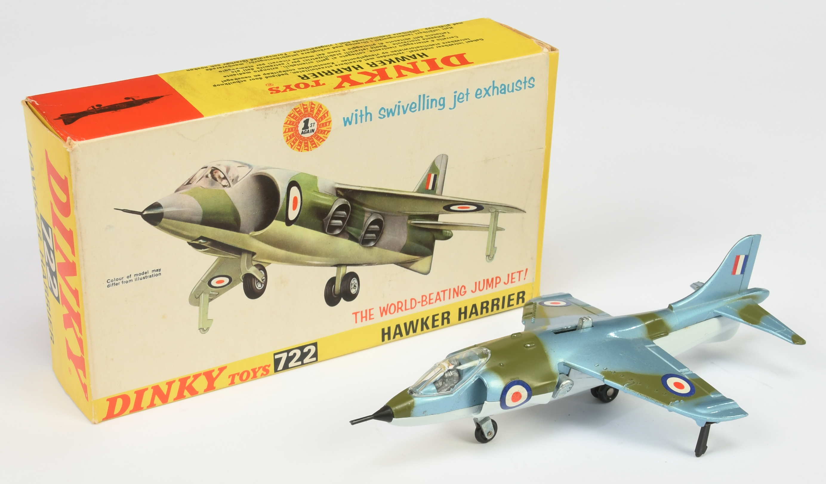 Dinky Toys Aircraft 722 Hawker Hawker - blue and green camouflage finish with pale grey base, "RA...