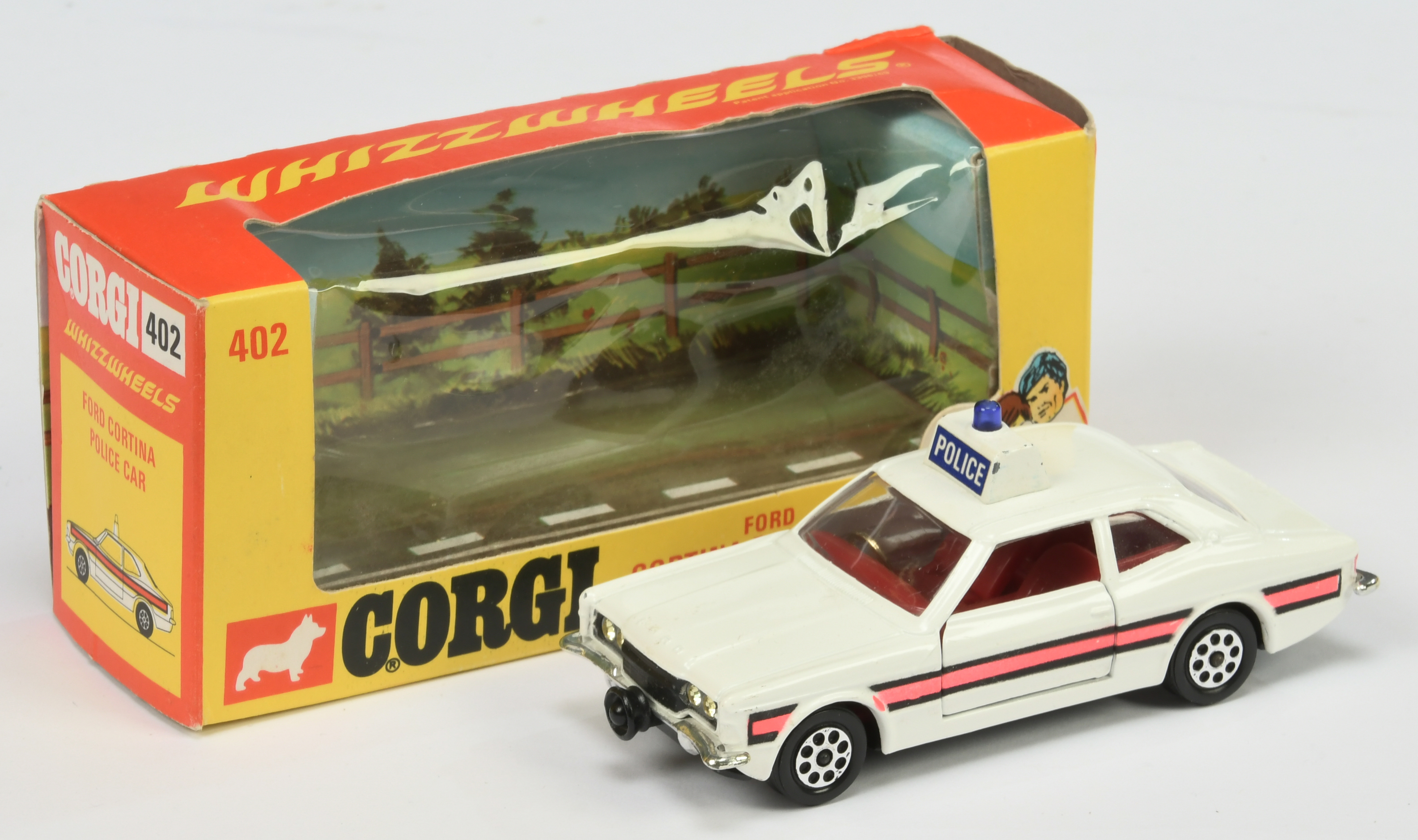 Corgi Toys 402 Ford Cortina "Police" Car - White body, red interior, black base, roof box and lig...