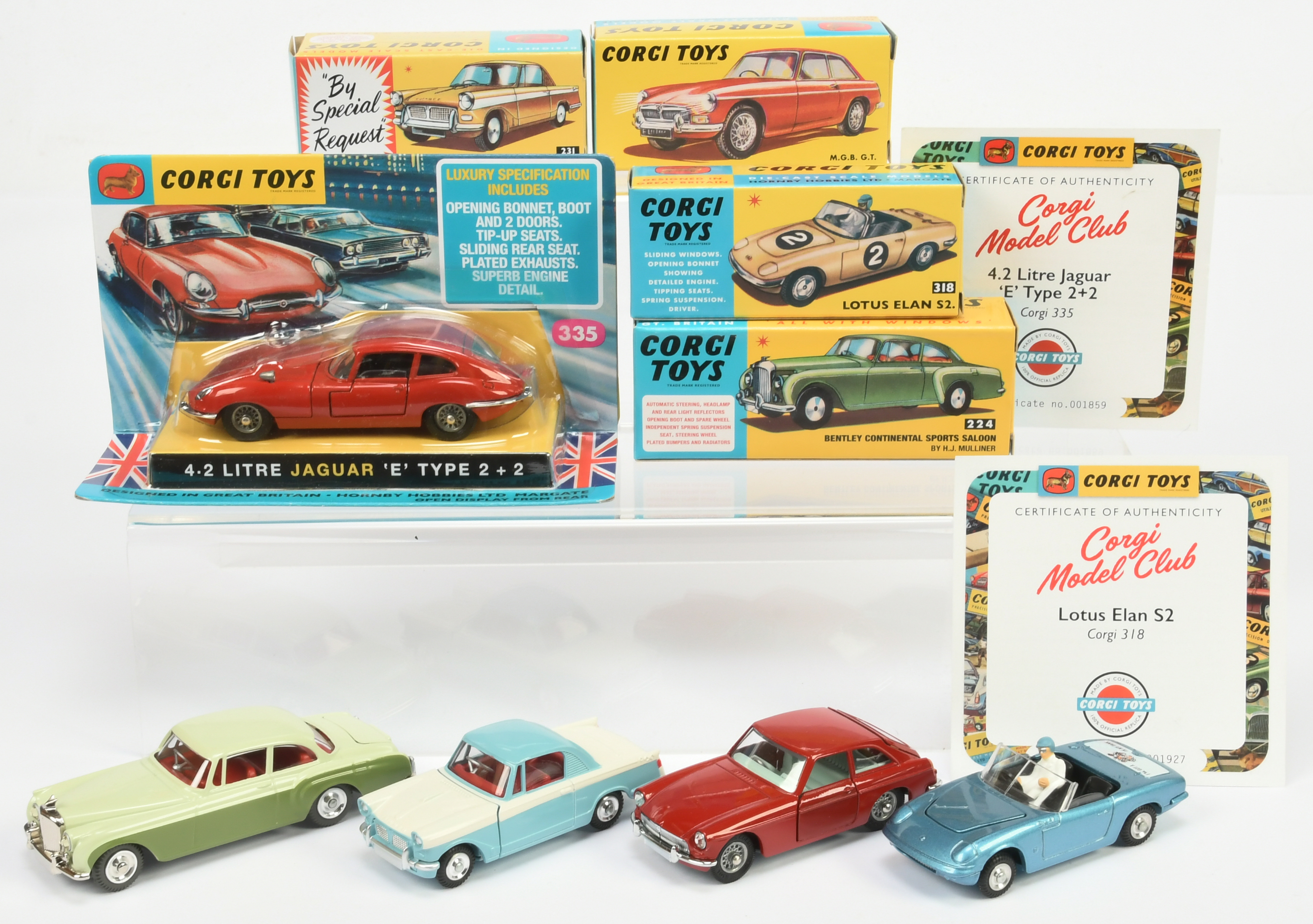 Corgi Toys Group Of 5 - (1) 224 Bentley Continental Sports saloon, (2) 231 Triumph Herald, (3) 31...