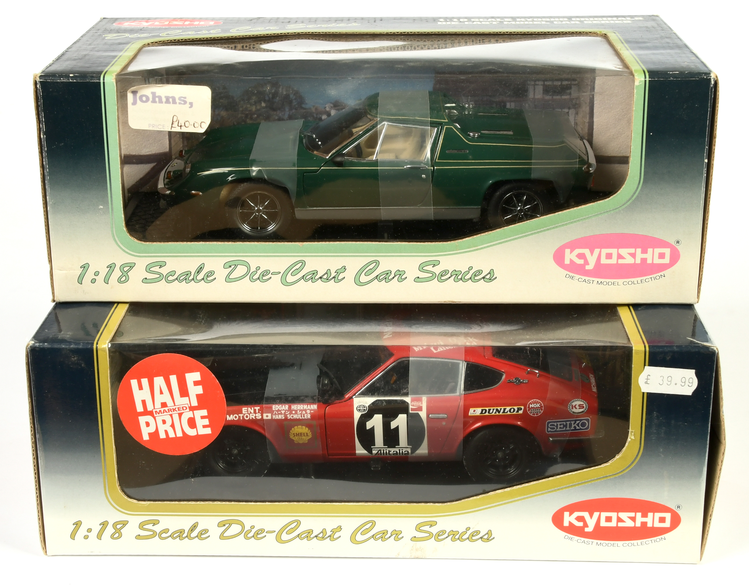 Kyosho  (1/18th) A Pair - (1) Lotus Europa - Green with yellow and chrome trim, (2) Datsun 240Z R...