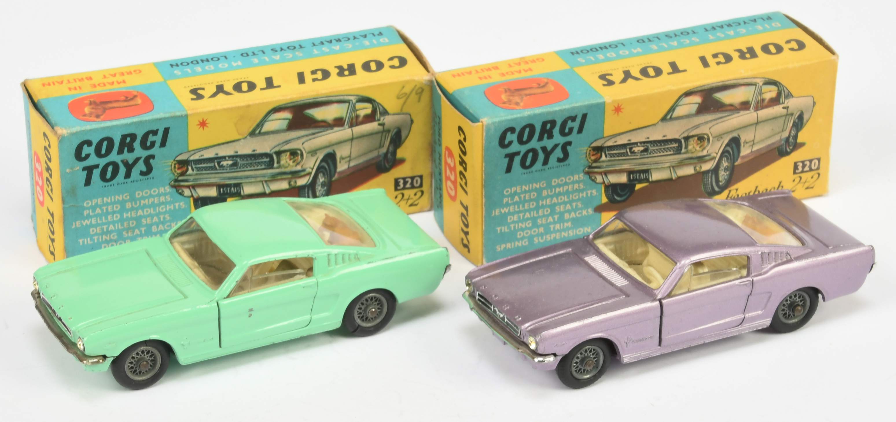 Corgi Toys 320 Ford Mustang Fastback A Pair - (1) Mauve Body, ivory interior, chrome trim and wir...