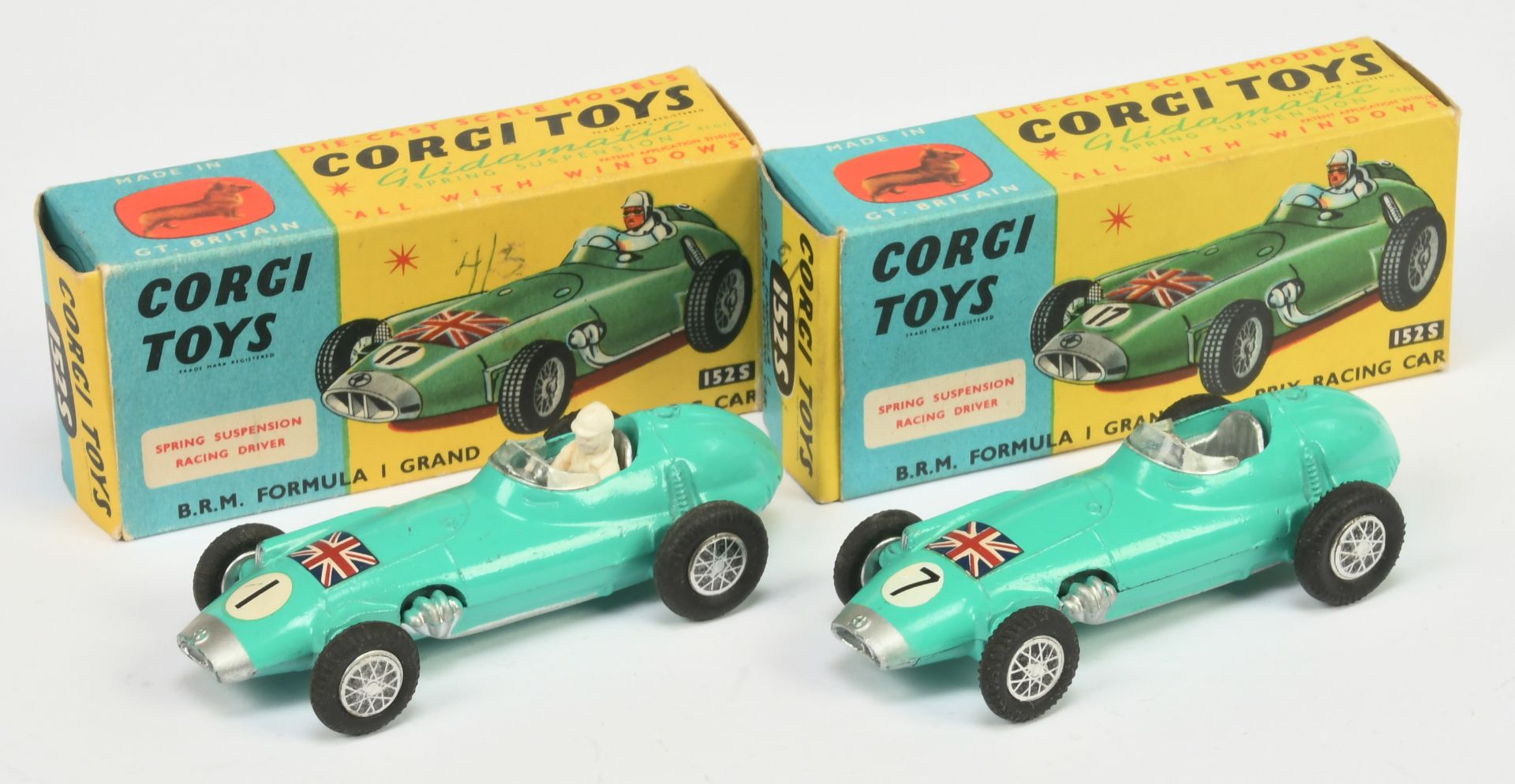 Corgi Toys 152S BRM Formula 1 Racing Car A Pair - (1) Turquoise body, silver trim and nose, figur...