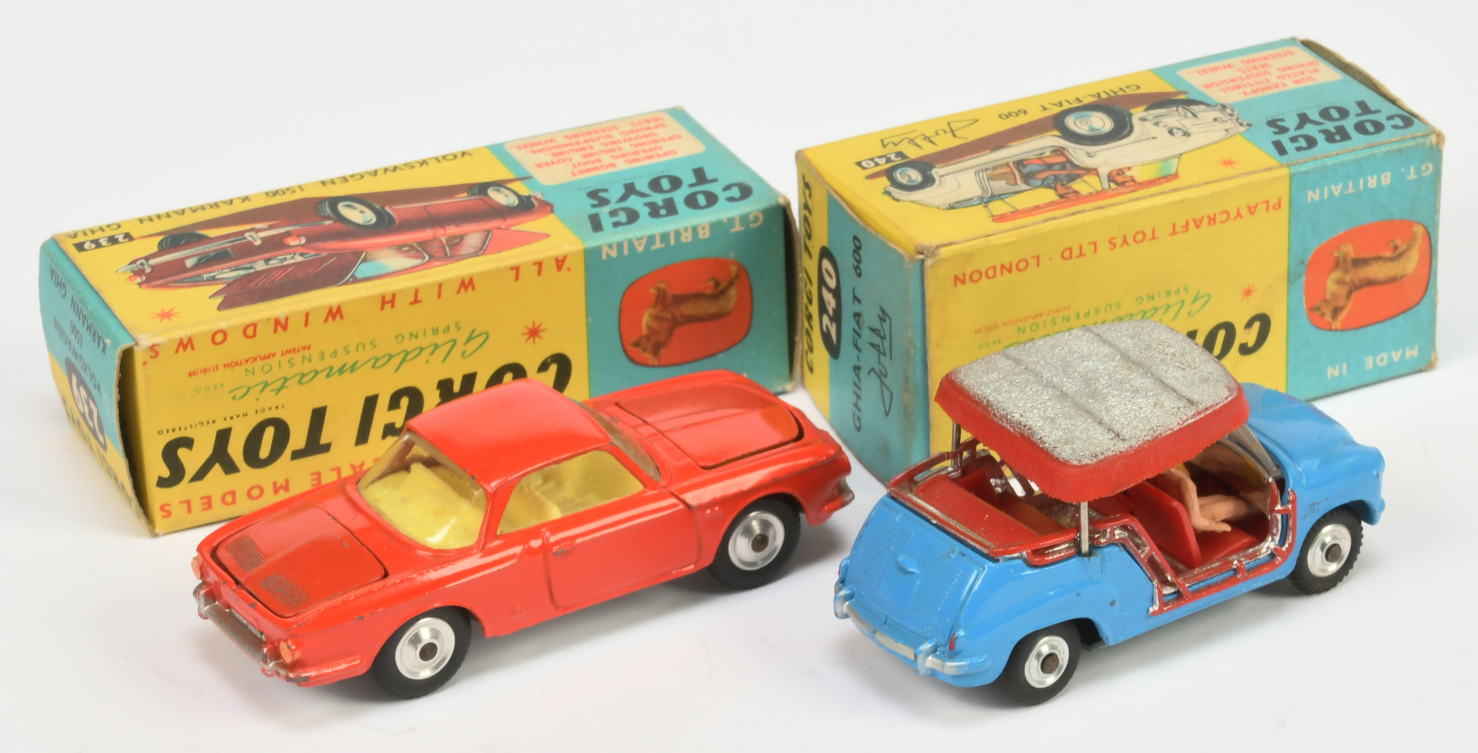 Corgi Toys 239 Volkswagen 1500 Karmann Ghia - Orange-Red body, yellow interior, silver trim, spun... - Image 2 of 2