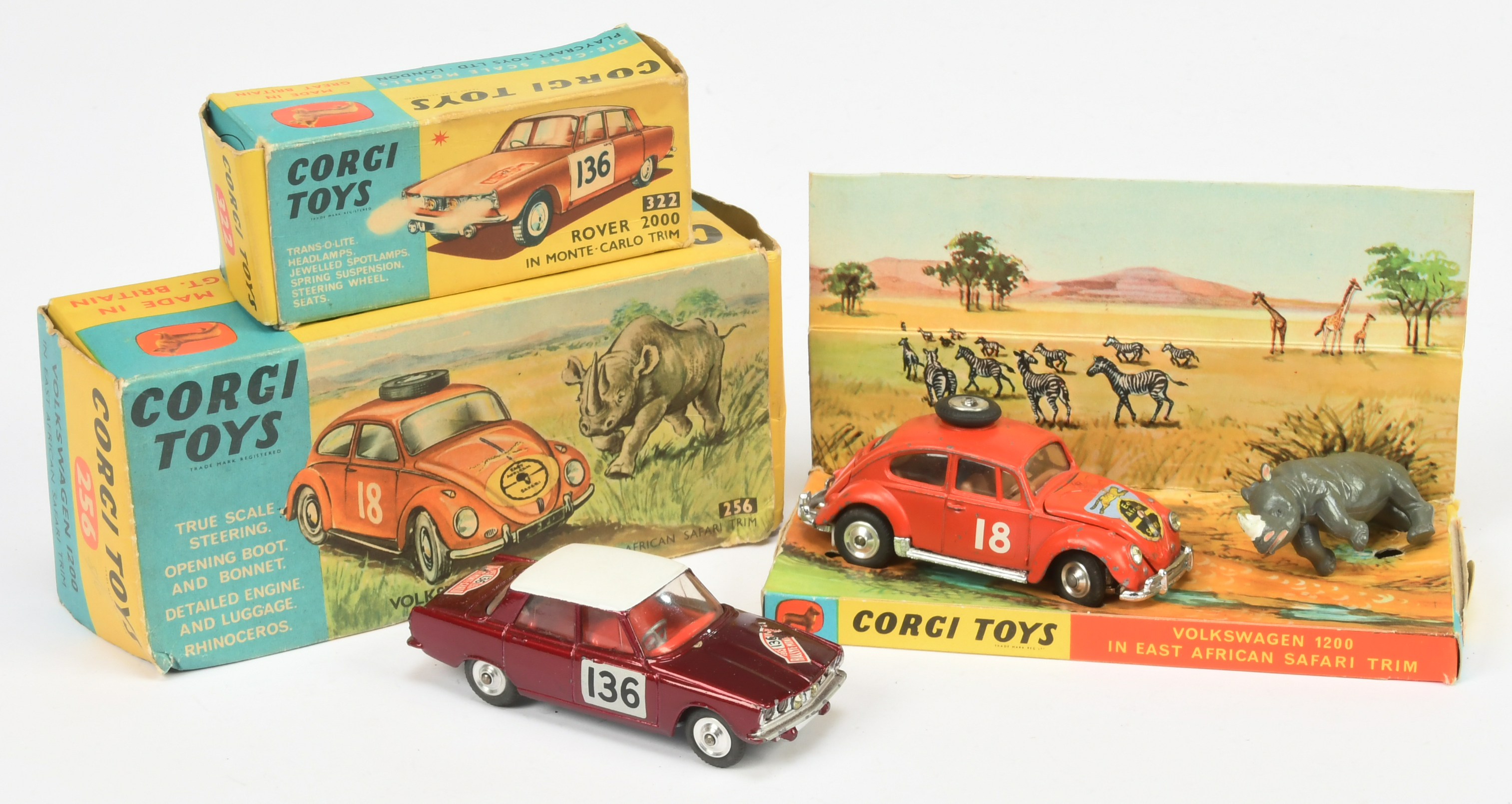 Corgi Toys A Pair - (1) 256 Volkswagen saloon (Beetle) "East African safari"  - Orange body, Righ...