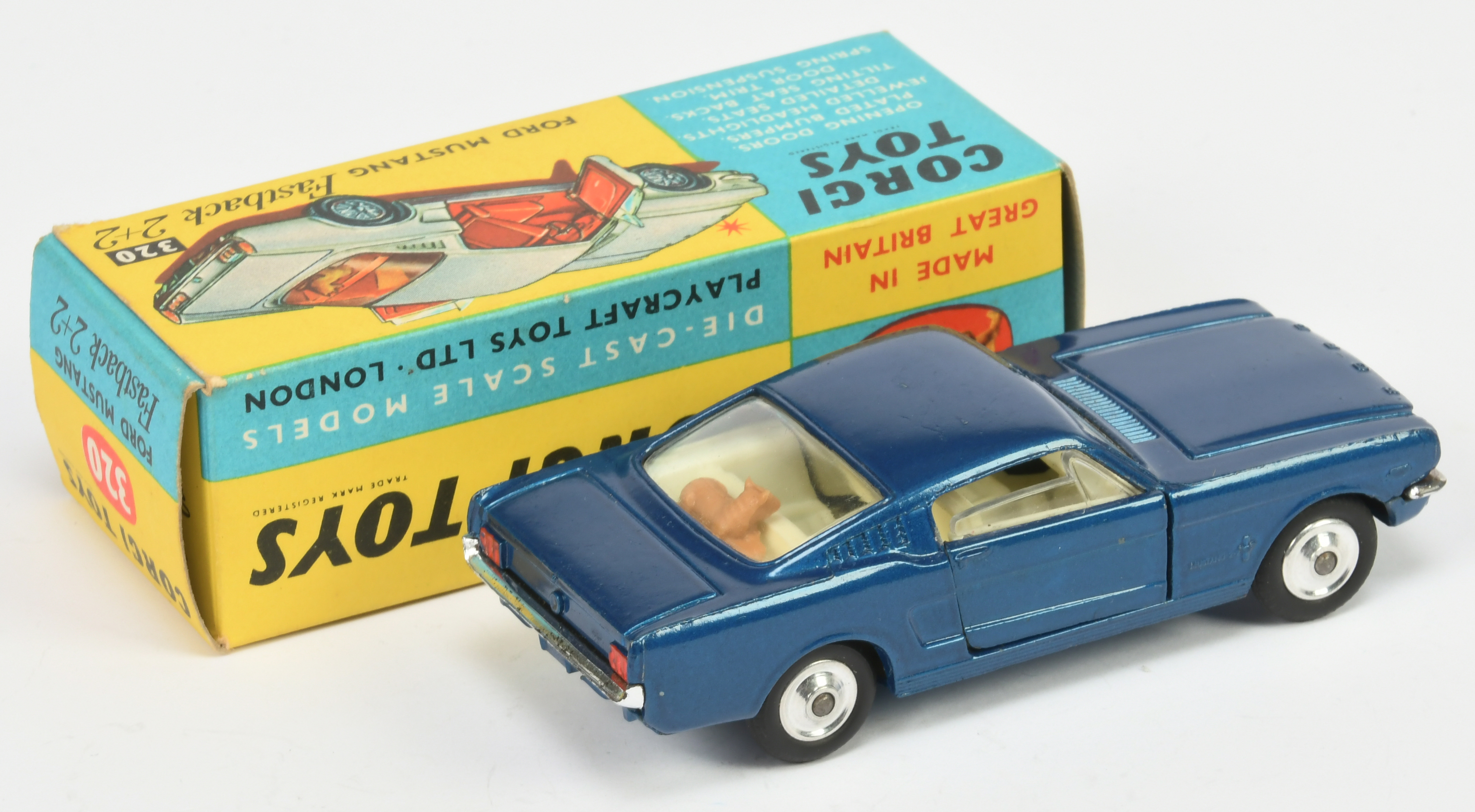 Corgi Toys 320 Ford Mustang Fastback  - Blue body, ivory interior with dog figure, chrome trim an... - Image 2 of 2