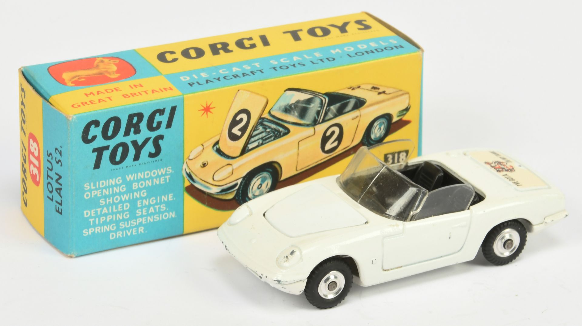 Corgi Toys 318 Lotus Elan S2 "Ive Got A Tiger In My Tank" - white body, black interior, silver tr...
