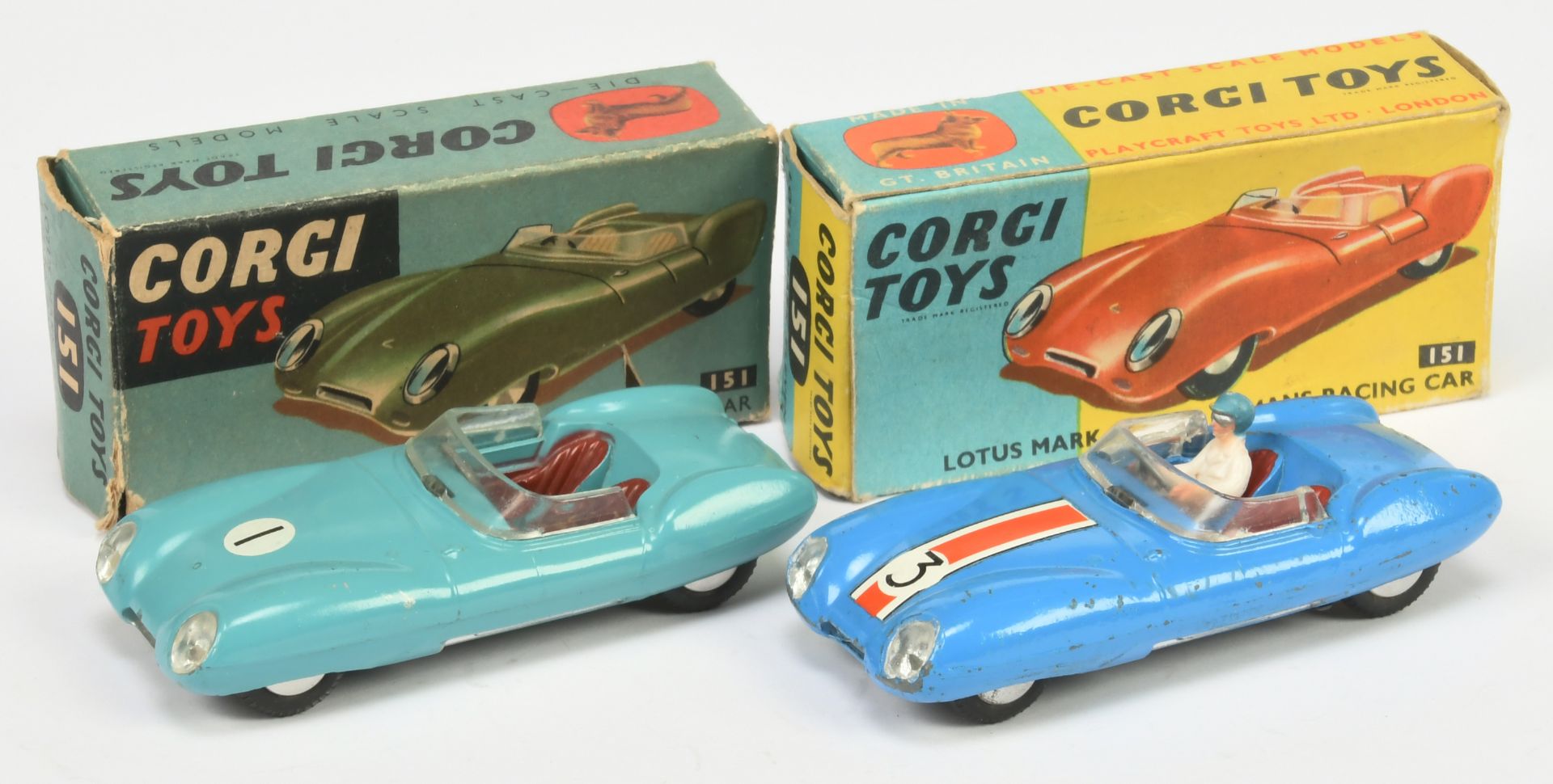 Corgi Toys 151 Lotus Mark Eleven Le Mans Racing Car A Pair - (1) Drab Pale blue - Red seats, silv...