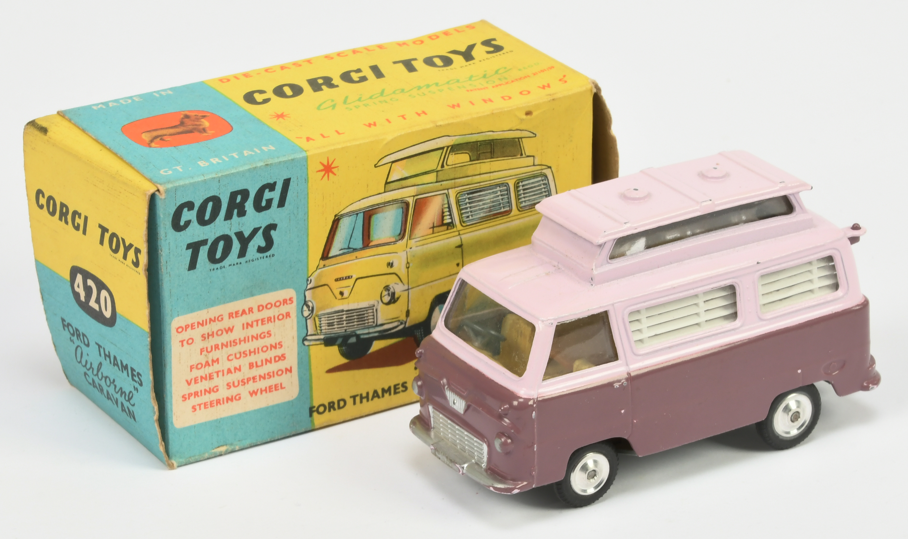 Corgi Toys 420 Ford Thames  Airborne Caravan - Two-Tone Mauve and deep pink, silver trim and spun...