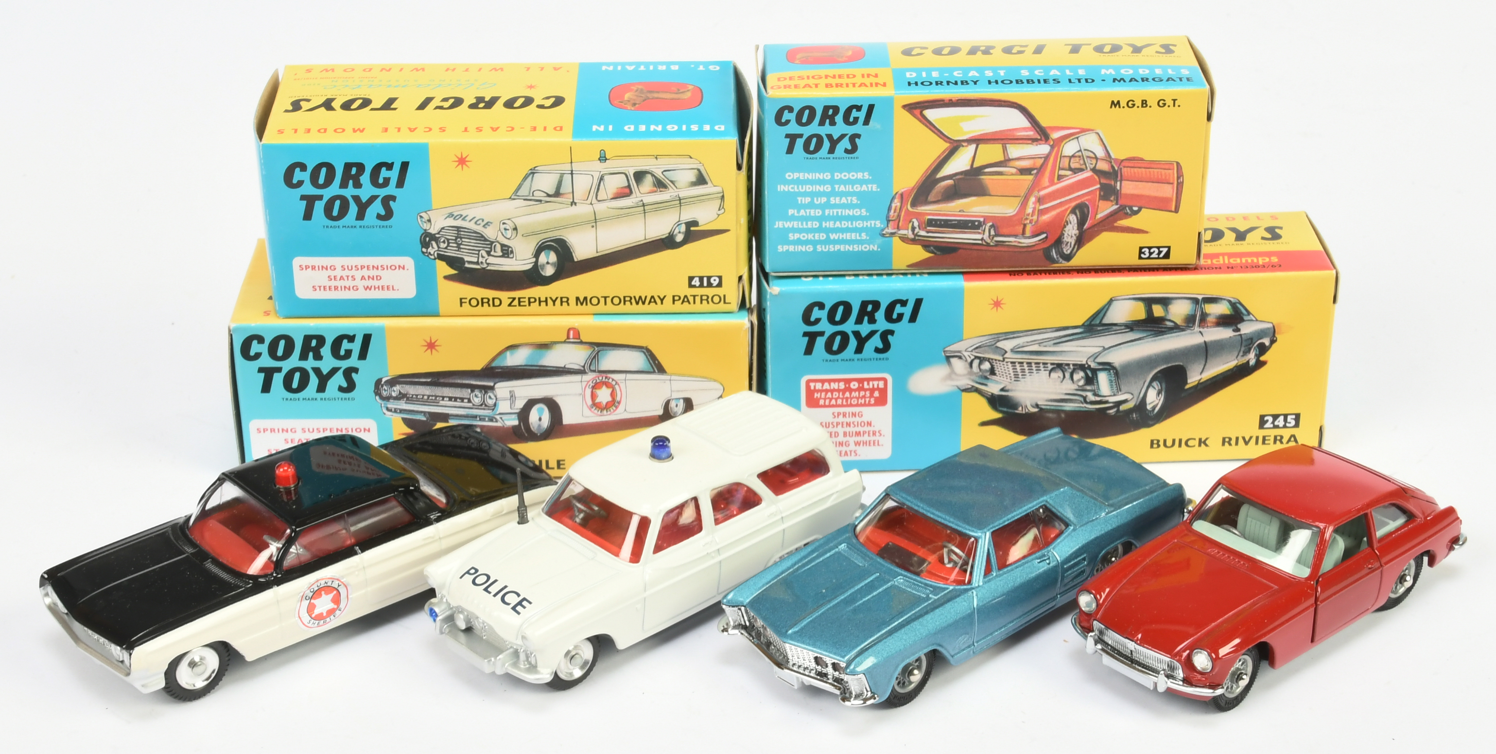 Corgi Toys Group Of 4 - (1) 237 Oldsmobile "County Sheriff" Car, (2) 245 Buick Rivera, (3) 327 MG...