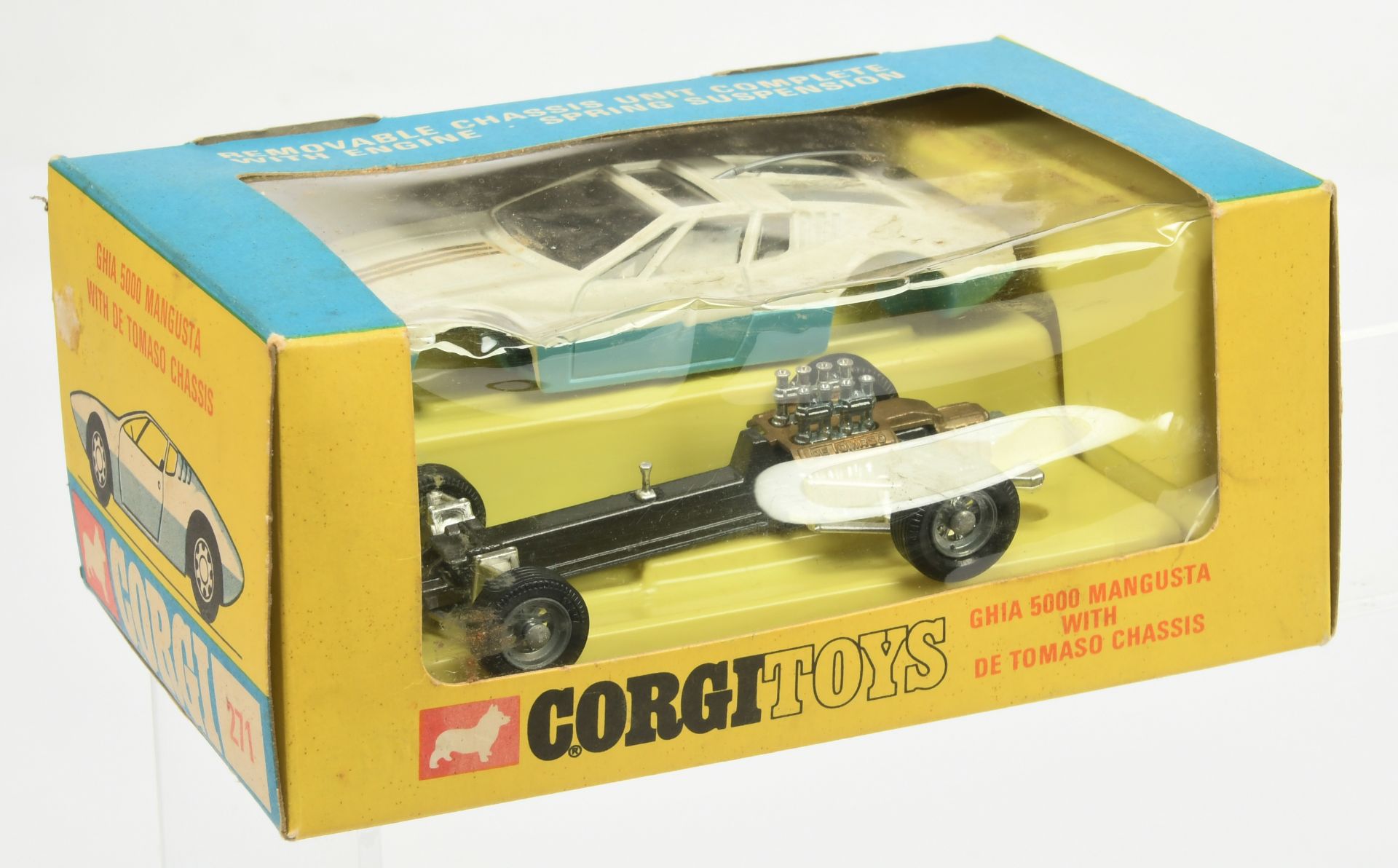 Corgi Toys  271 Ghia 5000 Mangusta  With De Tomaso Chassis - White and Greyish-blue, graphite Det...