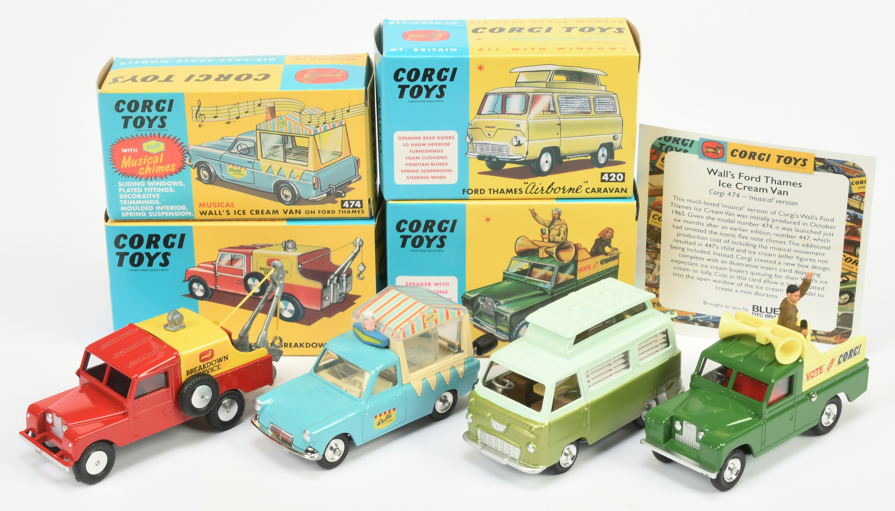 Corgi Toys Group Of 4 - (1) 417 Land Rover Breakdown truck, (2) 420 Ford Thames Airborne Caravan,...