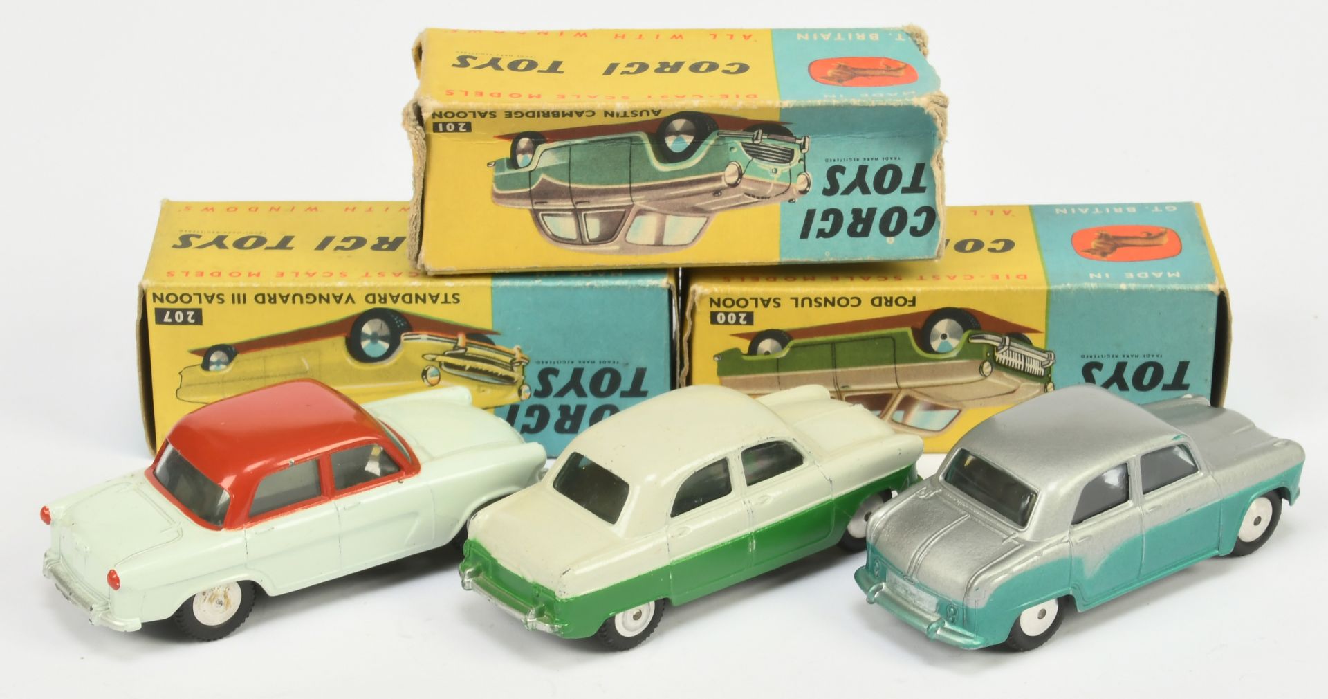 Corgi Toys Group Of 3 - (1) 200 Ford Consul  - Two-Tone Pale grey over green, silver trim and fla... - Bild 2 aus 2