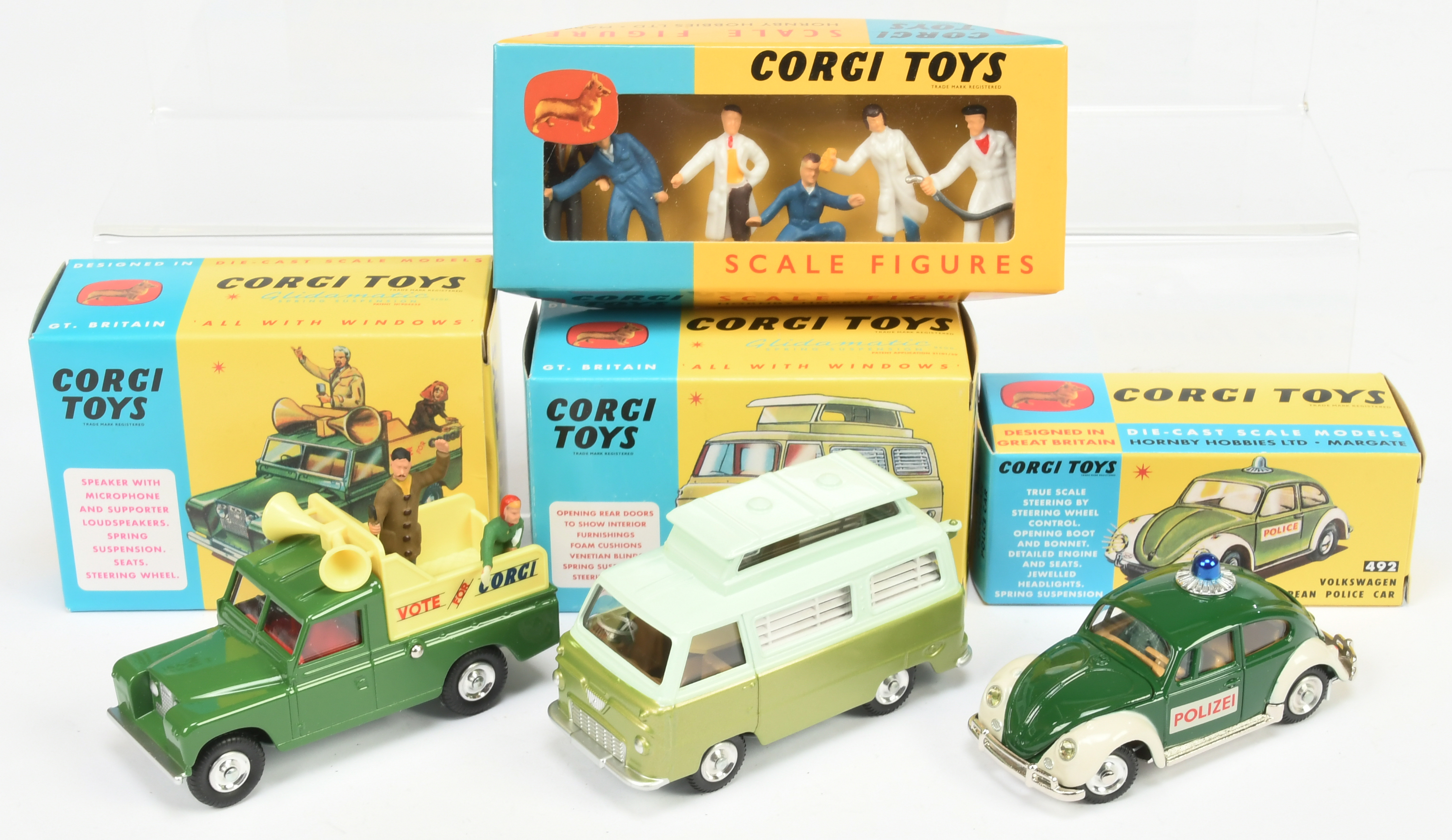 Corgi Toys Group Of 4 - (1) 420 Ford Thames Airborne Caravan, (2) 472 Land Rover "Vote For Corgi"...
