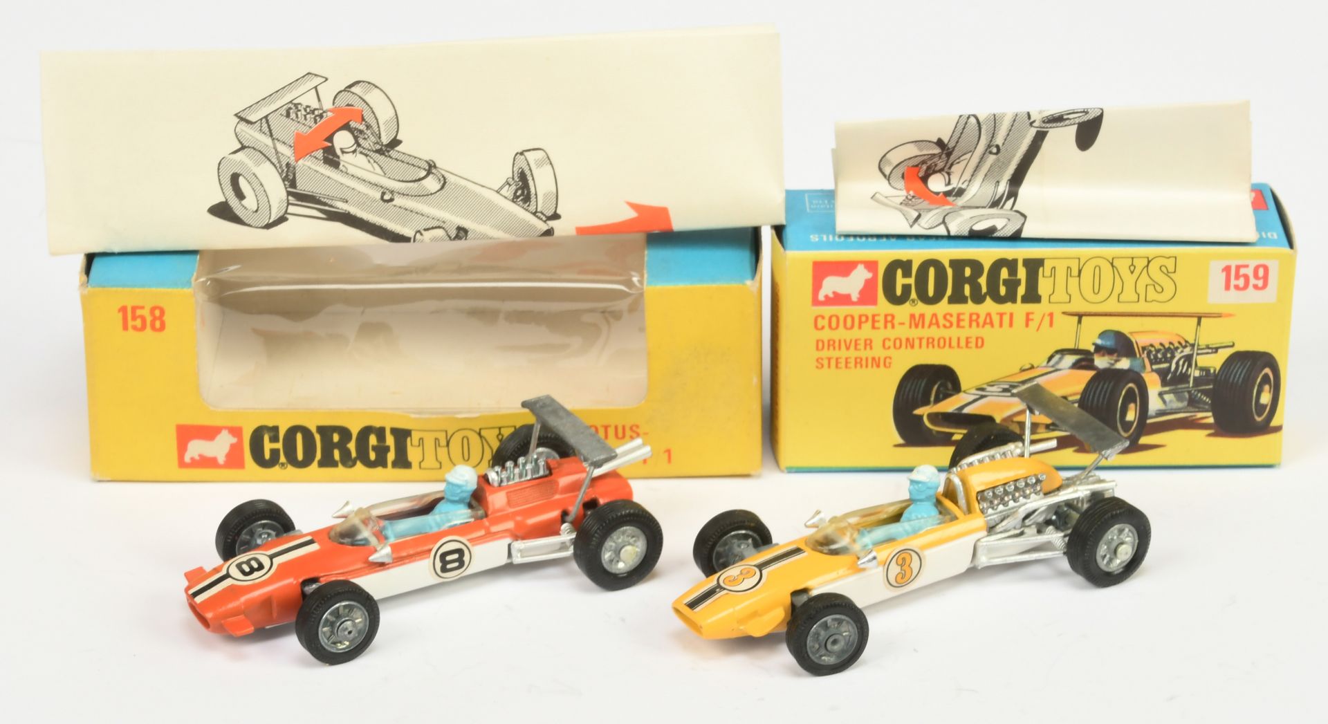Corgi Toys Formula 1 Racing Cars Group A Pair - (1) 158 Lotus-Climax - Orange and white, cast hub...
