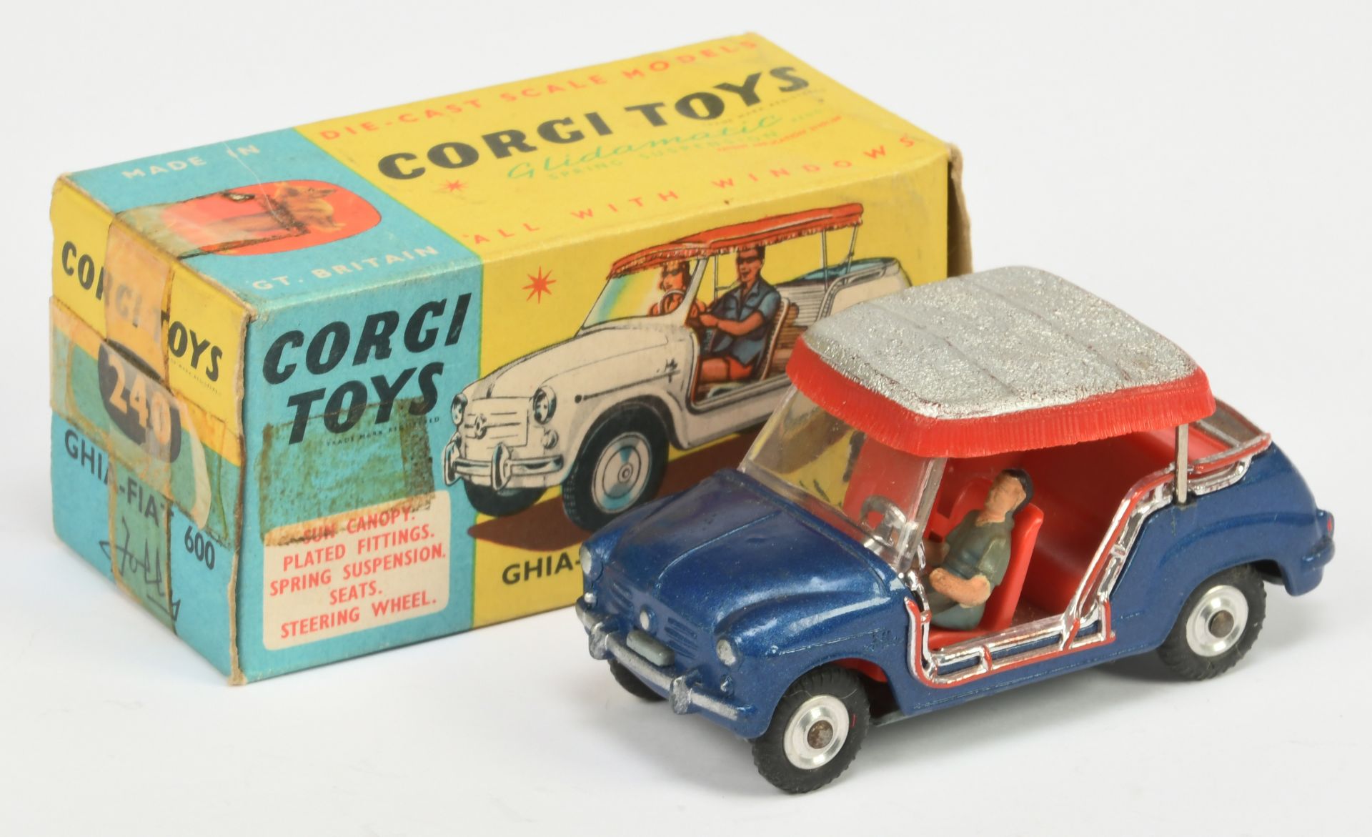 Corgi Toys  240 Ghia-Fiat 500 Jolly - dark blue body, red interior with figures, silver and red p...