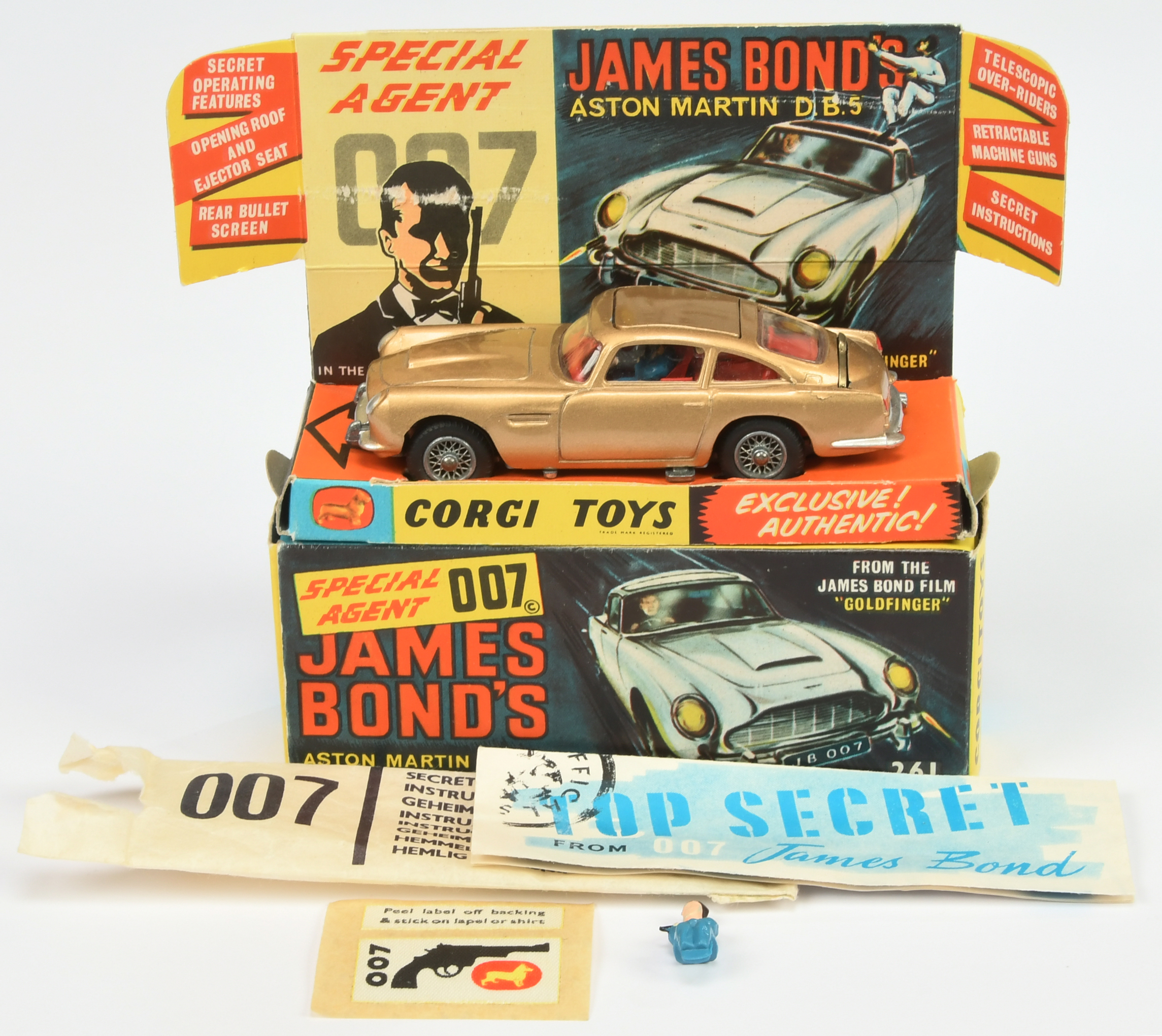 Corgi Toys 261 "James Bond" Aston Martin DB5 "Goldfinger" - Gold body, red interior with "James B...