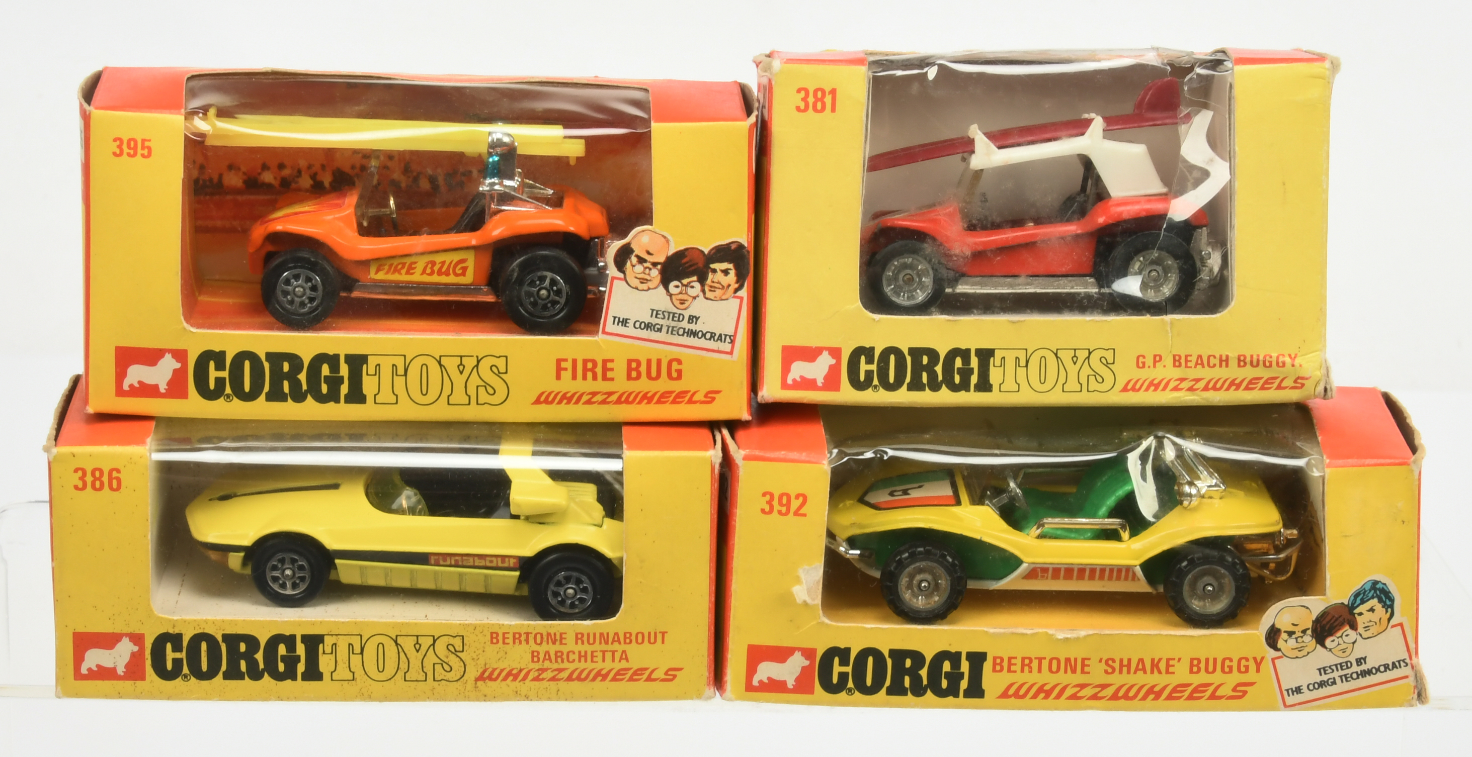 Corgi Toys Whizzwheels Group of 4 - (1) 381 GP Beach Buggy, (2) 386 Bertone Runabout Barchetta,  ...