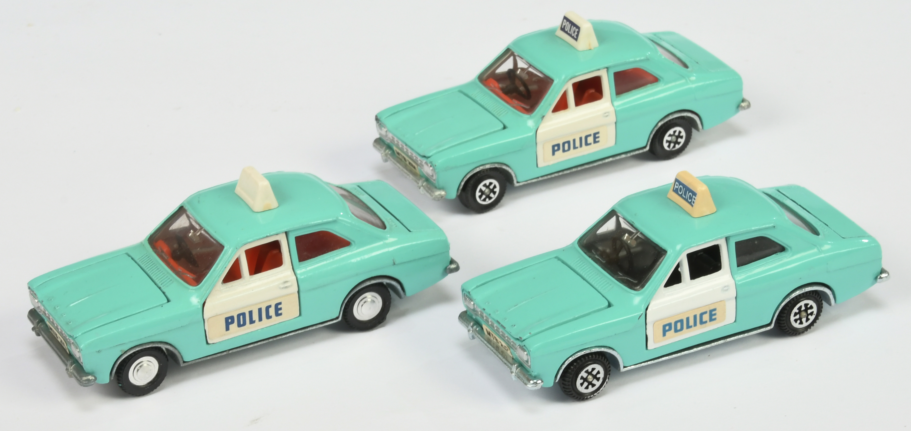 Dinky Toys 270  Ford Escort Mark 1 "Police" Car Unboxed Group Of 3 - (1) Turquoise body, white do...