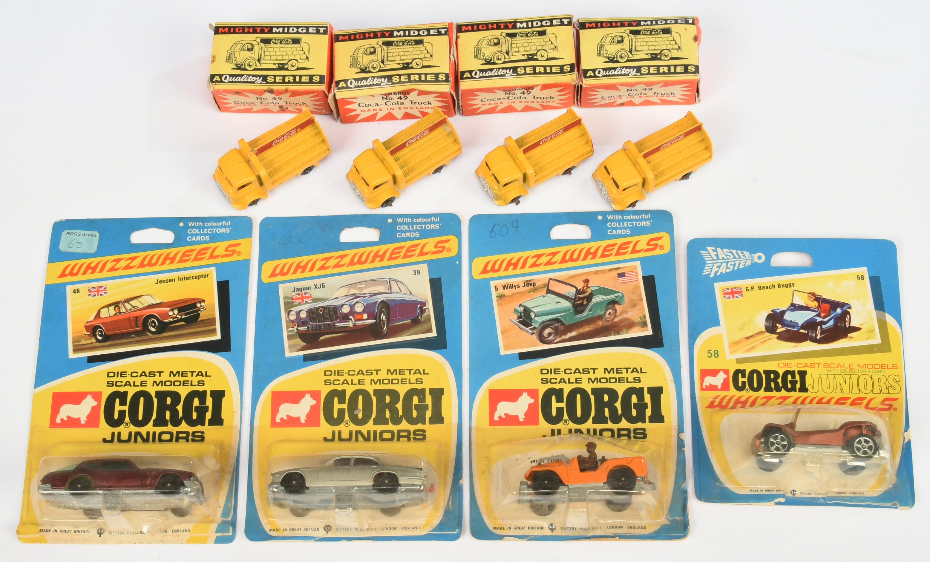 Corgi Toys Juniors Group Of 4 To Include (1) 5 willy's Jeep, (2) 39 Jaguar XJ6, (3) 46 Jensen and...