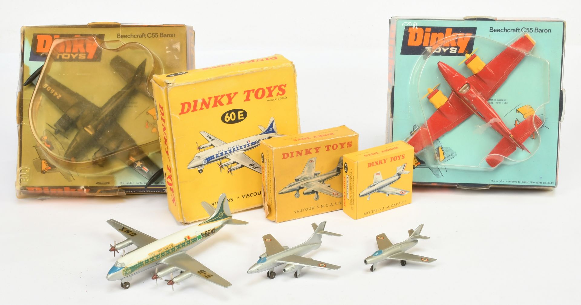 French Dinky Toys Aircraft Group To Include - (1) 715 Beechcraft  Baron - Red and yellow, (2) Sam...