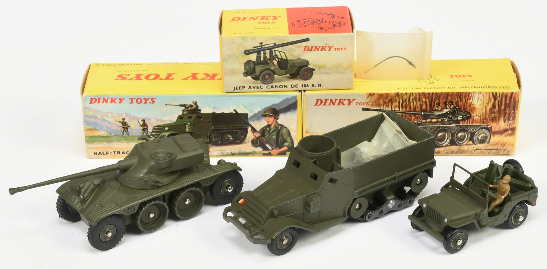 French Dinky Toys Group Of Military - (1) 822 Half-Tack with accessories, (2) 827 Panhard with ac...