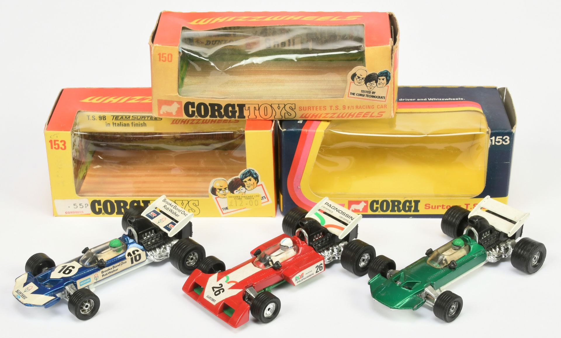Corgi Toys Whizzwheels Group Of 3 Racing Cars - (1) 150 Surtees TS9 - blue, white, racing No.16, ...