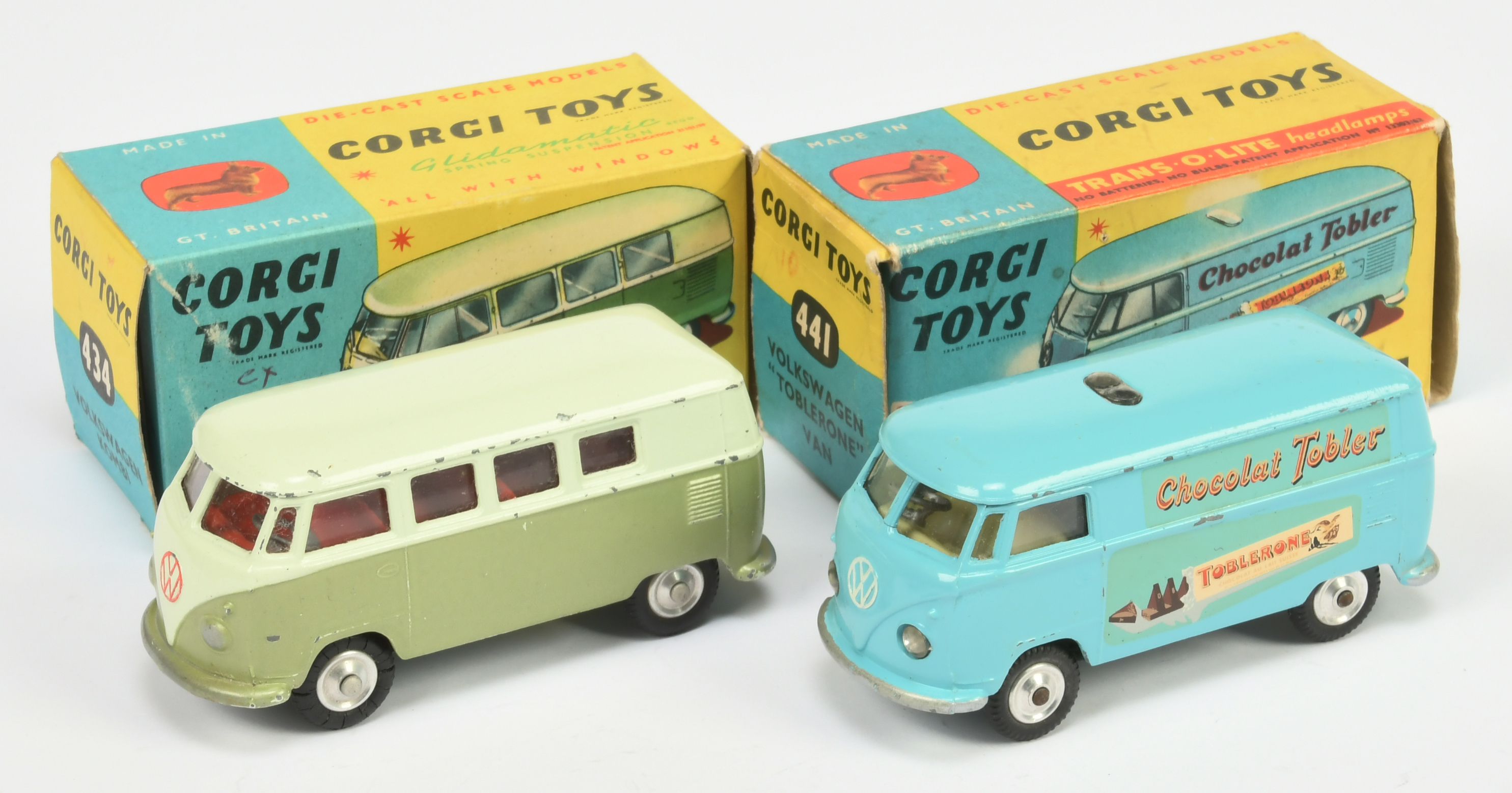 Corgi Toys 434 Volkswagen Kombi - Two_tone green, red interior, silver trim and spun hubs plus (2...