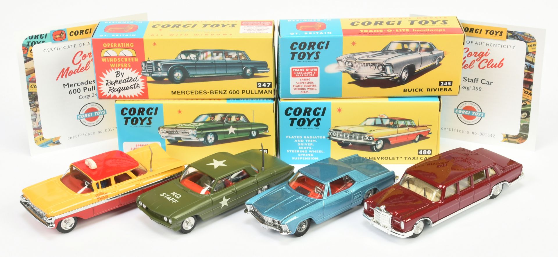 Corgi Toys Group Of 4 - (1)245 Buick Rivera, (2) 247 Mercedes 600 Pullman, (3) 358 Oldsmobile "H....